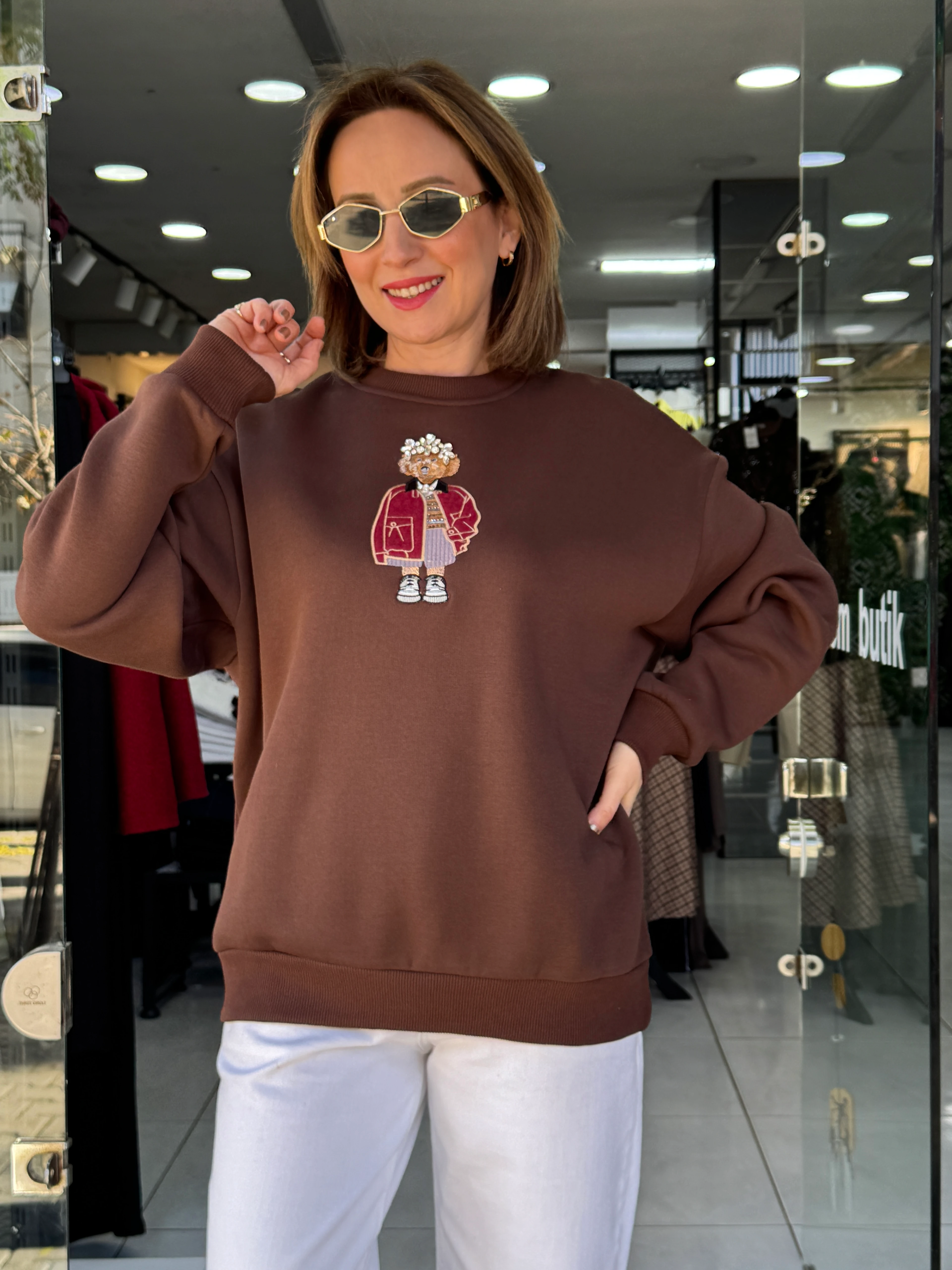 Teddy Detaylı Şardonlu Sweat - Kahve