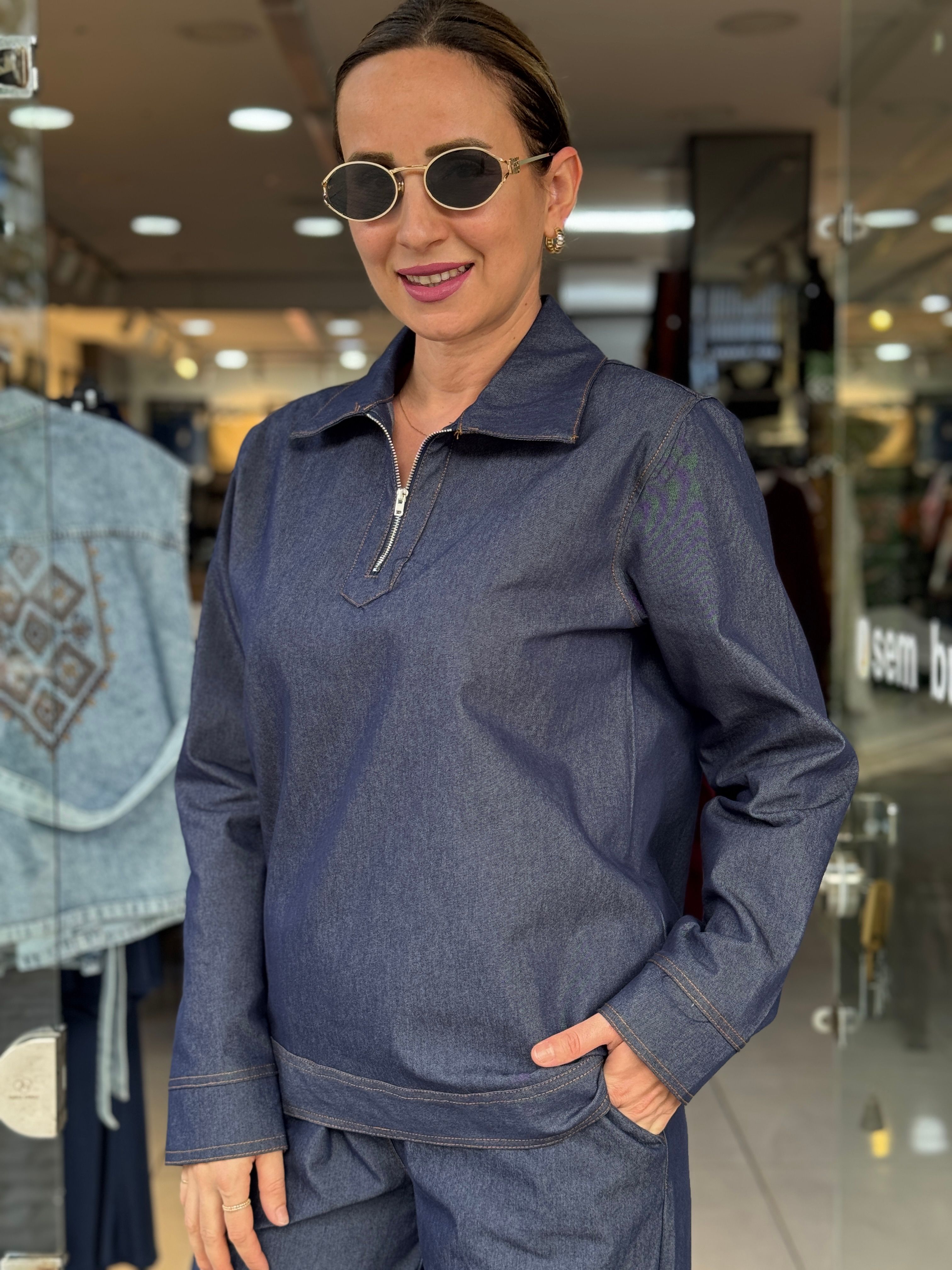 Yaka Fermuarlı Denim Takım