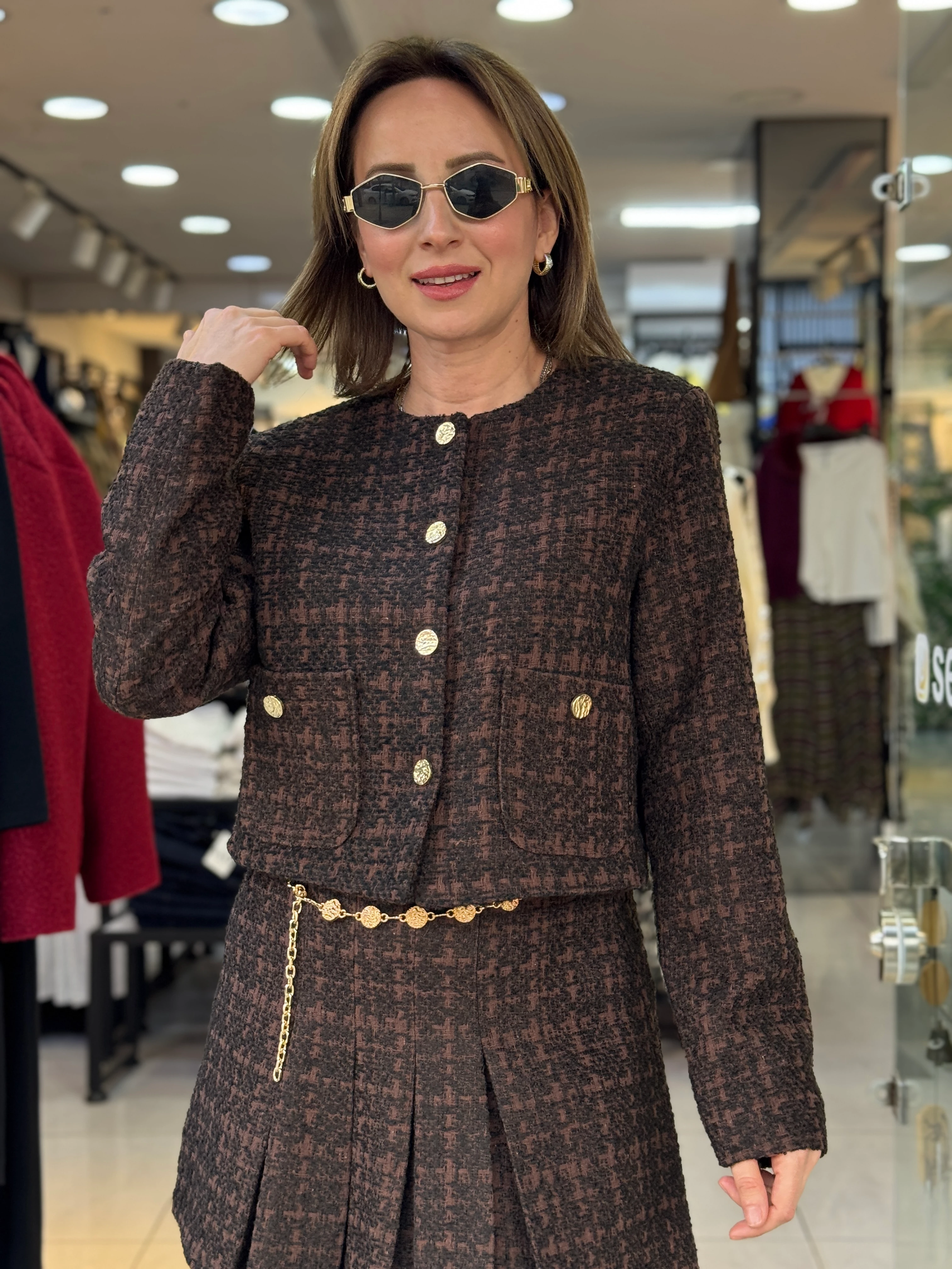 Gold Düğmeli Kahve Tüvit Ceket