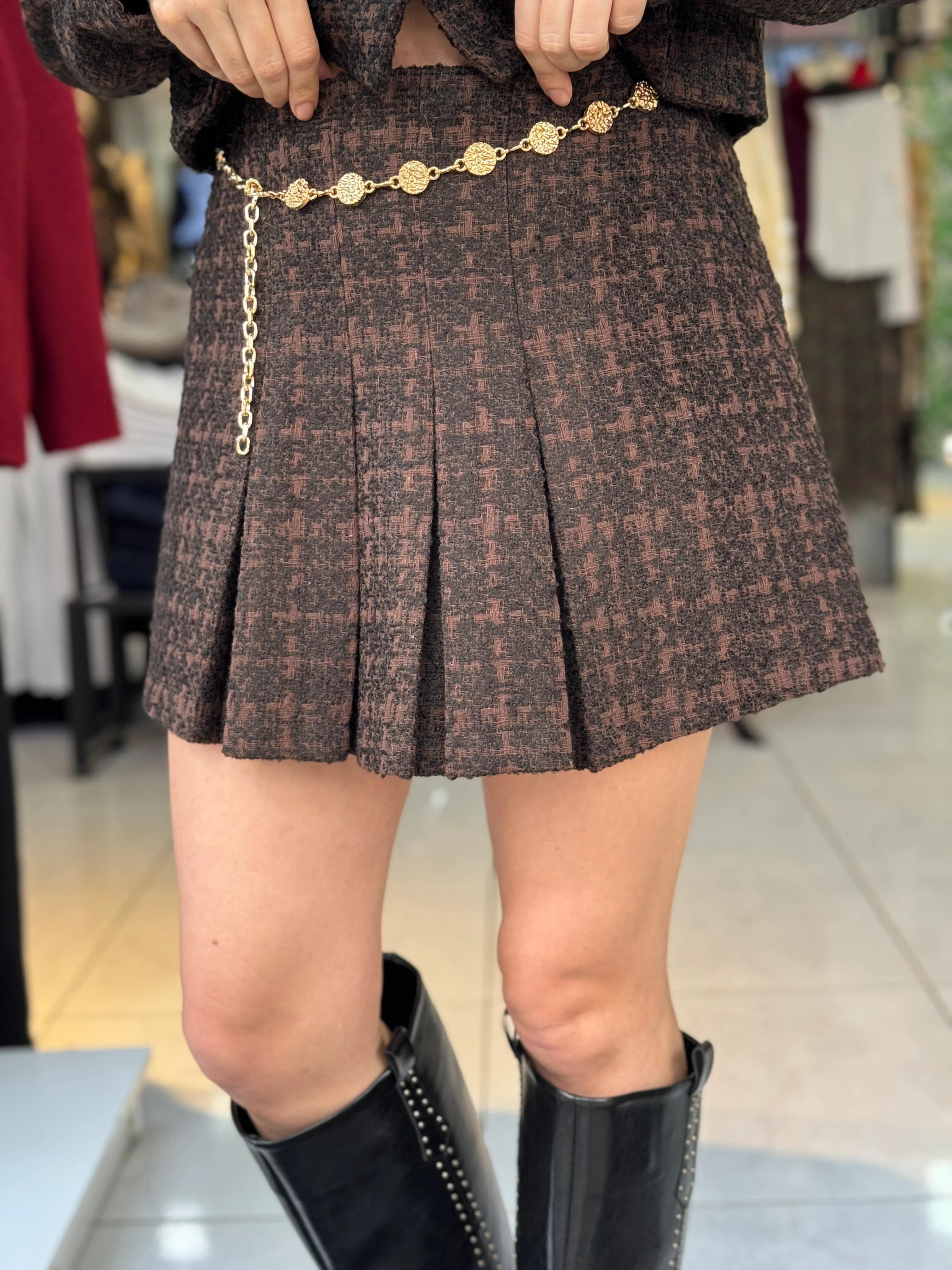 Gold Kemerli Kahve Tüvit Şort Etek