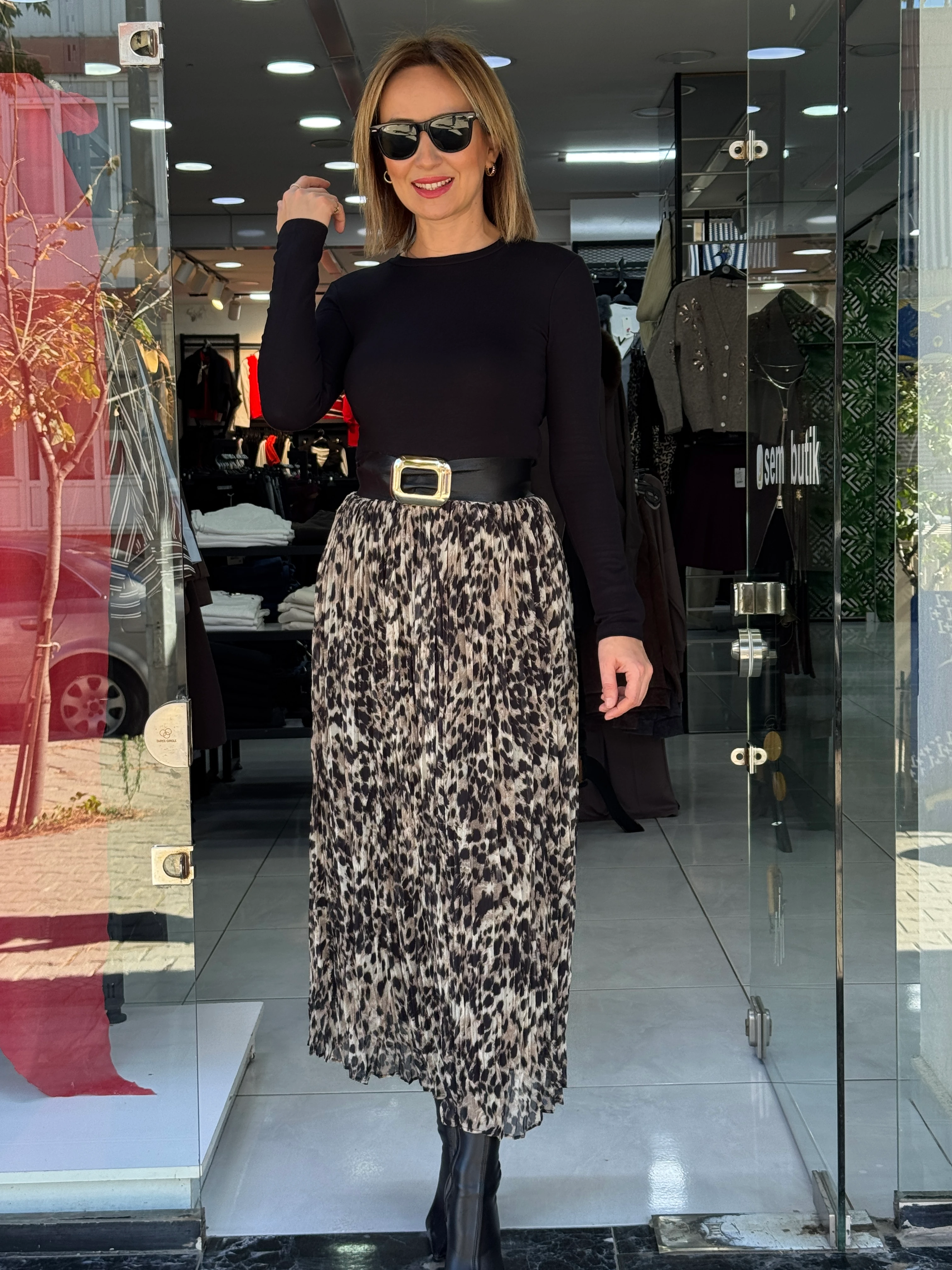 Leopar Desen Kraşlı Etek