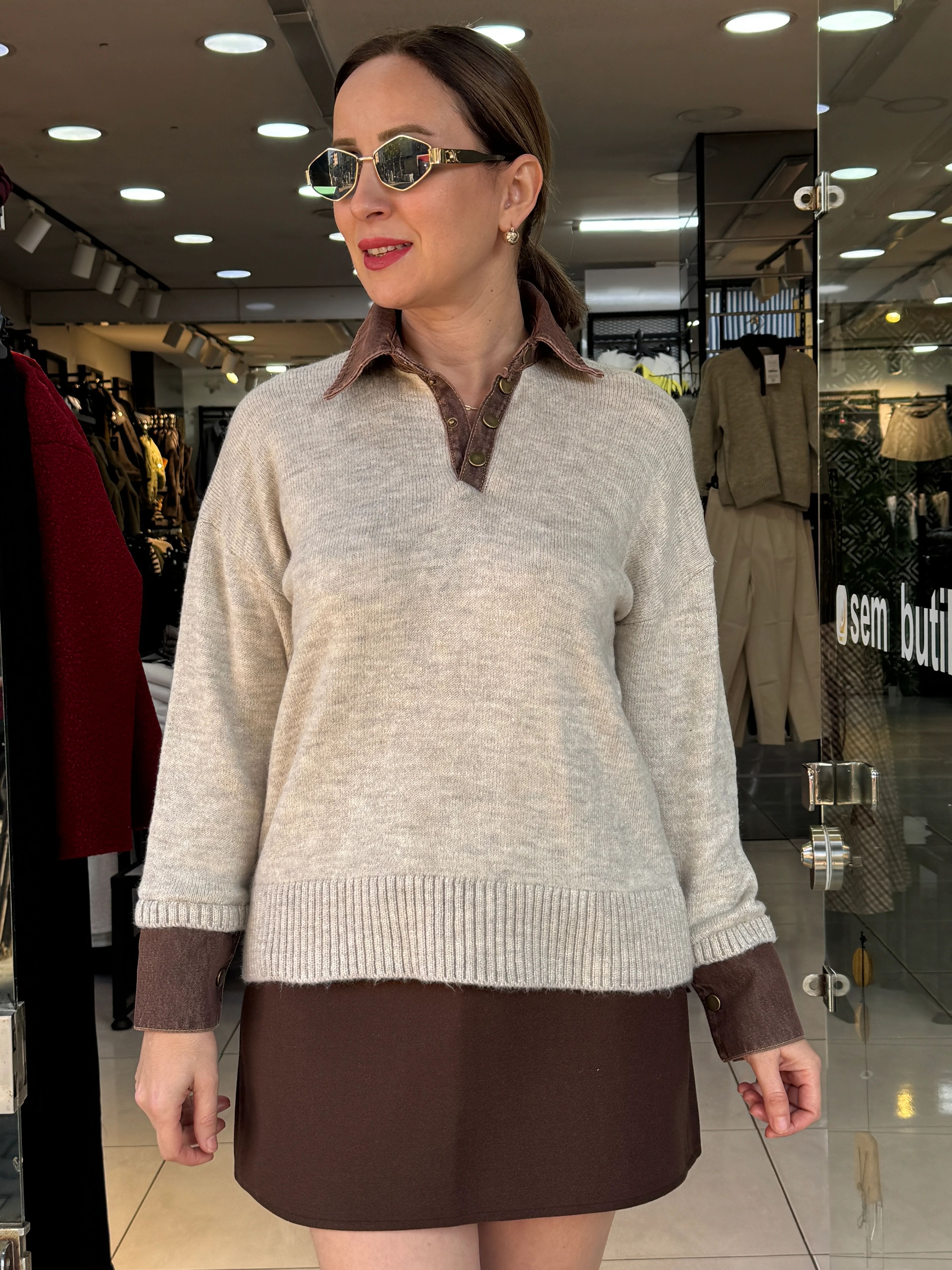 Polo Yaka Denim Detaylı Kazak