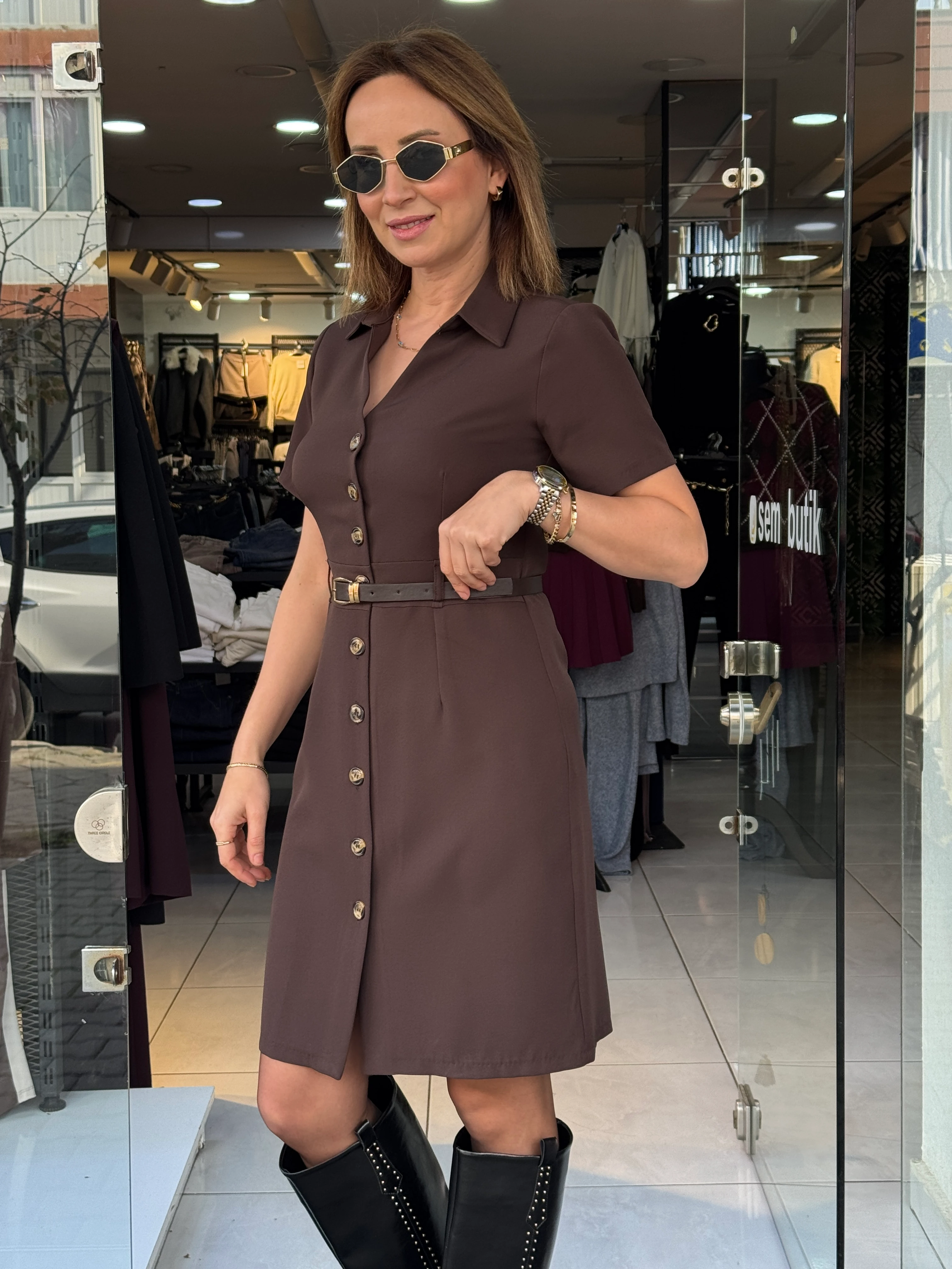 Kemerli Kahve Elbise