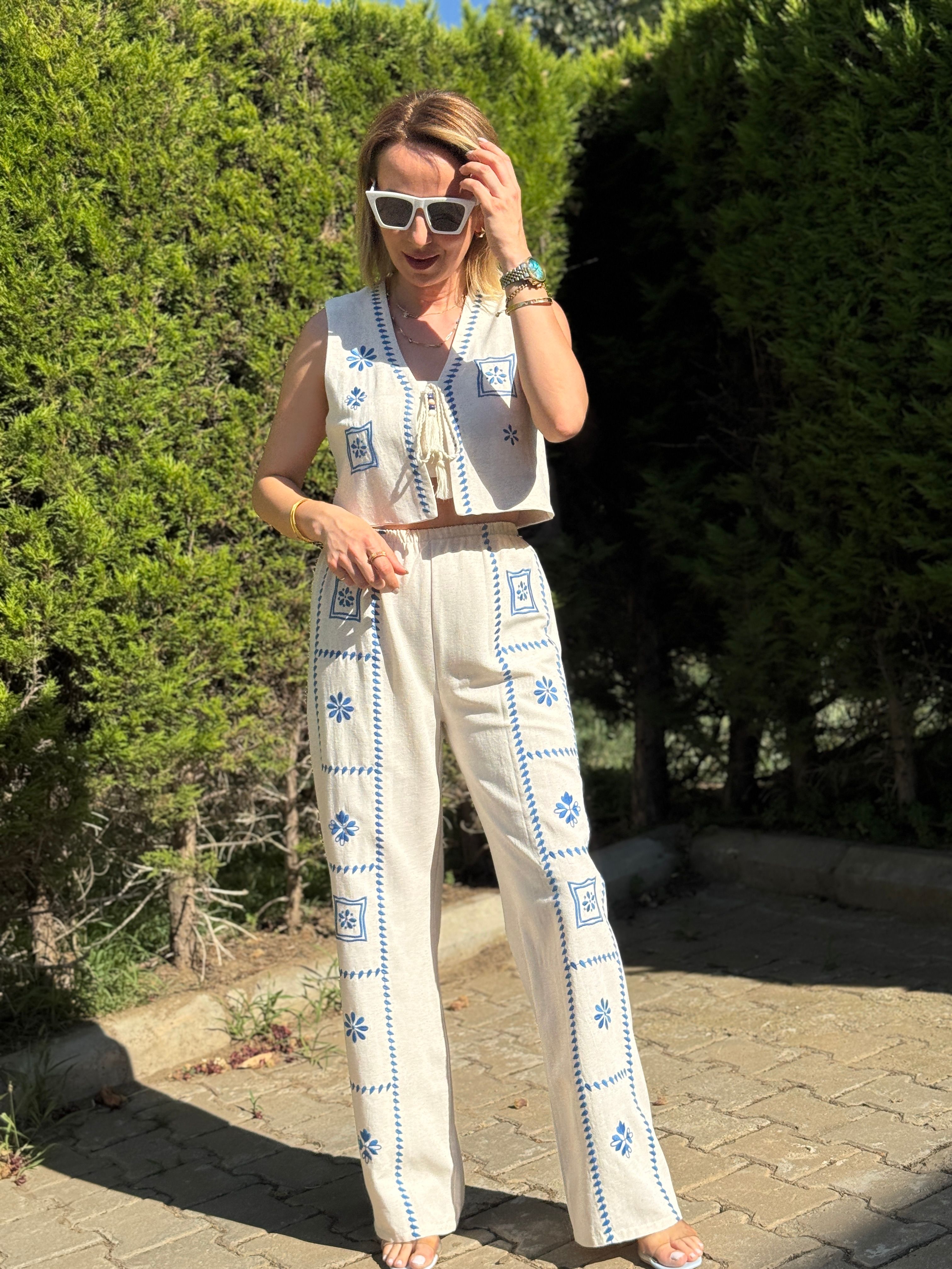 İşlemeli Natural Keten Pantolon