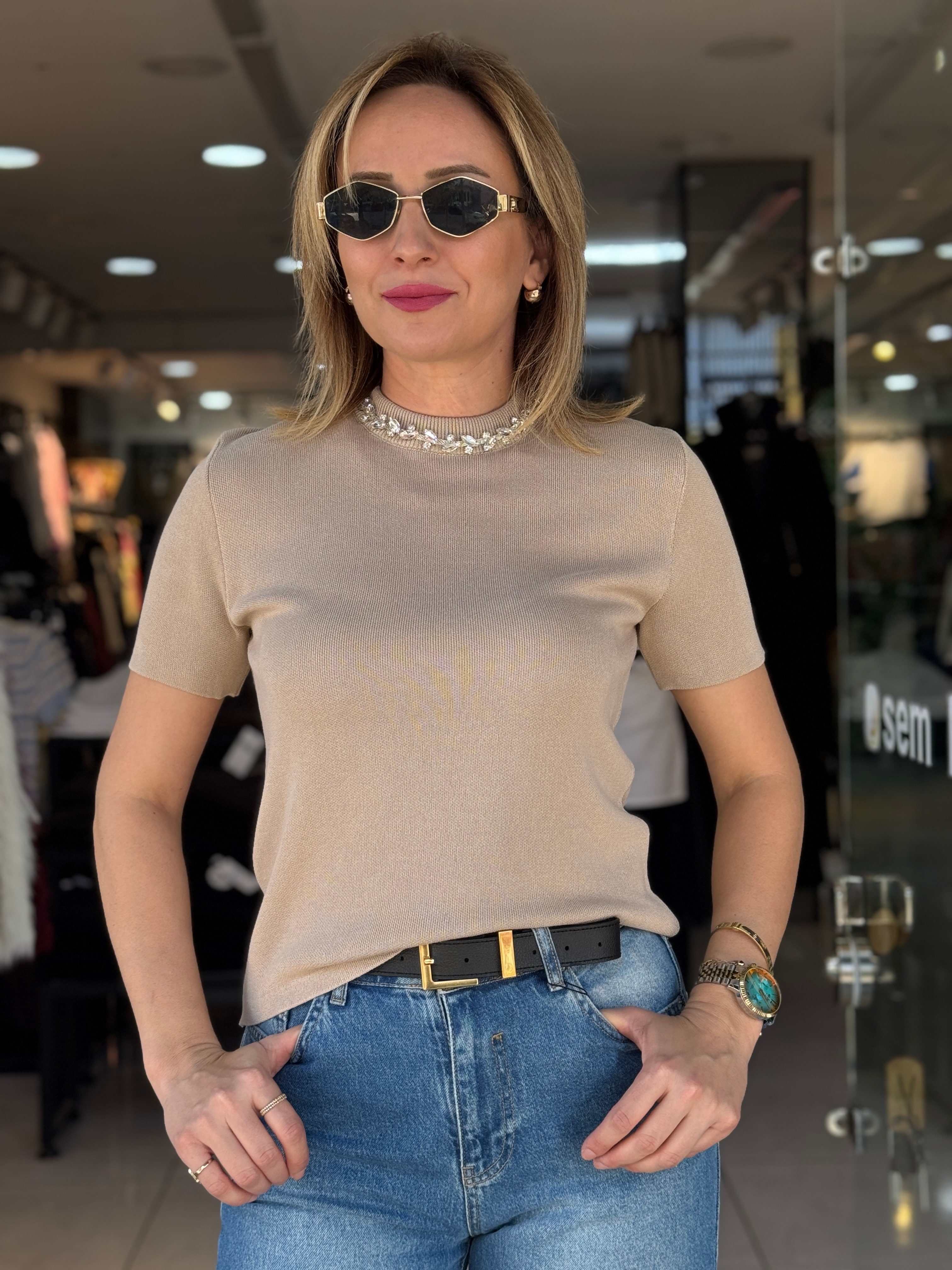 Yaka Taşlı Bej Triko