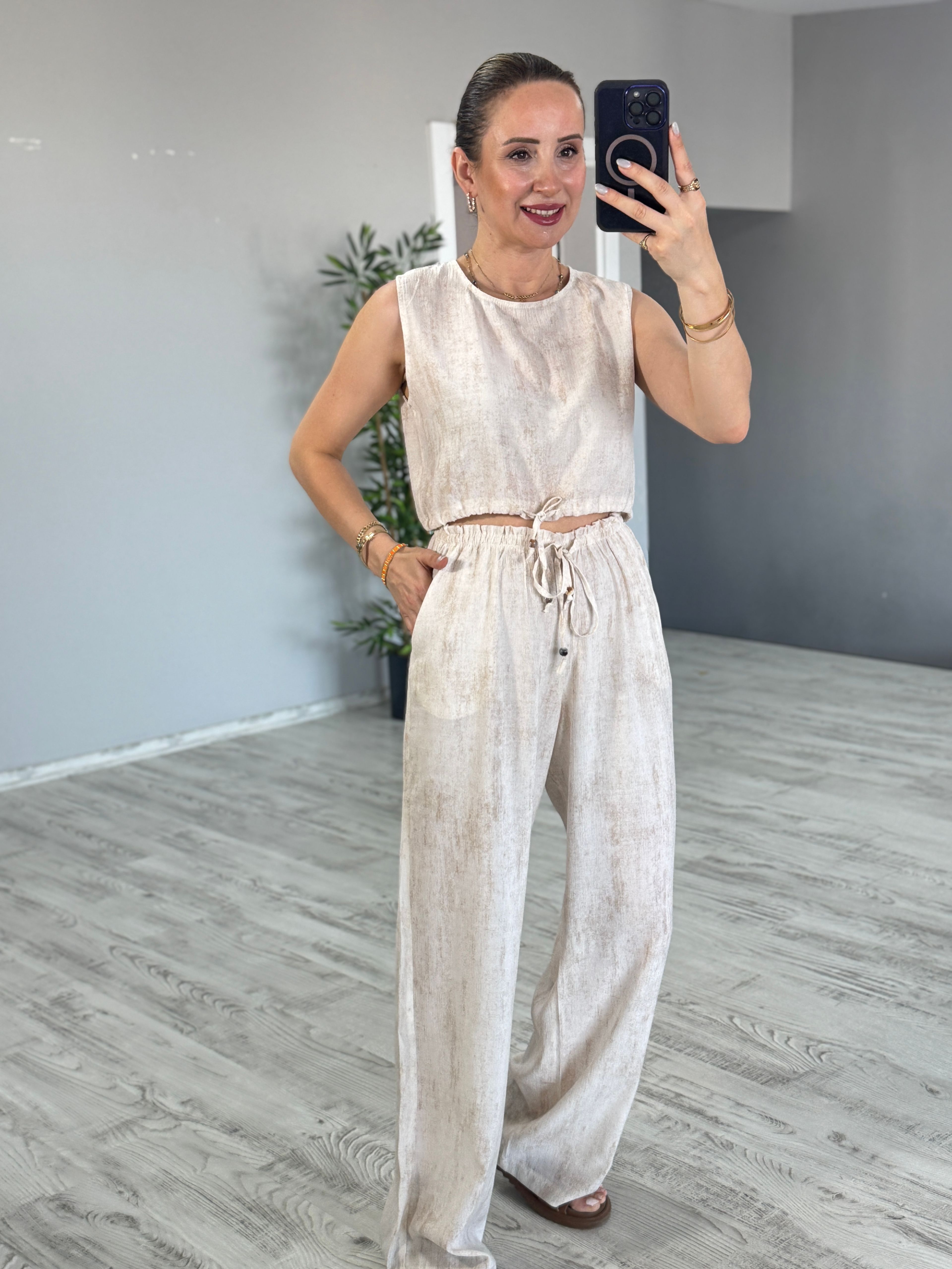 Natural Boncuklu Bluz Pantolon Takım