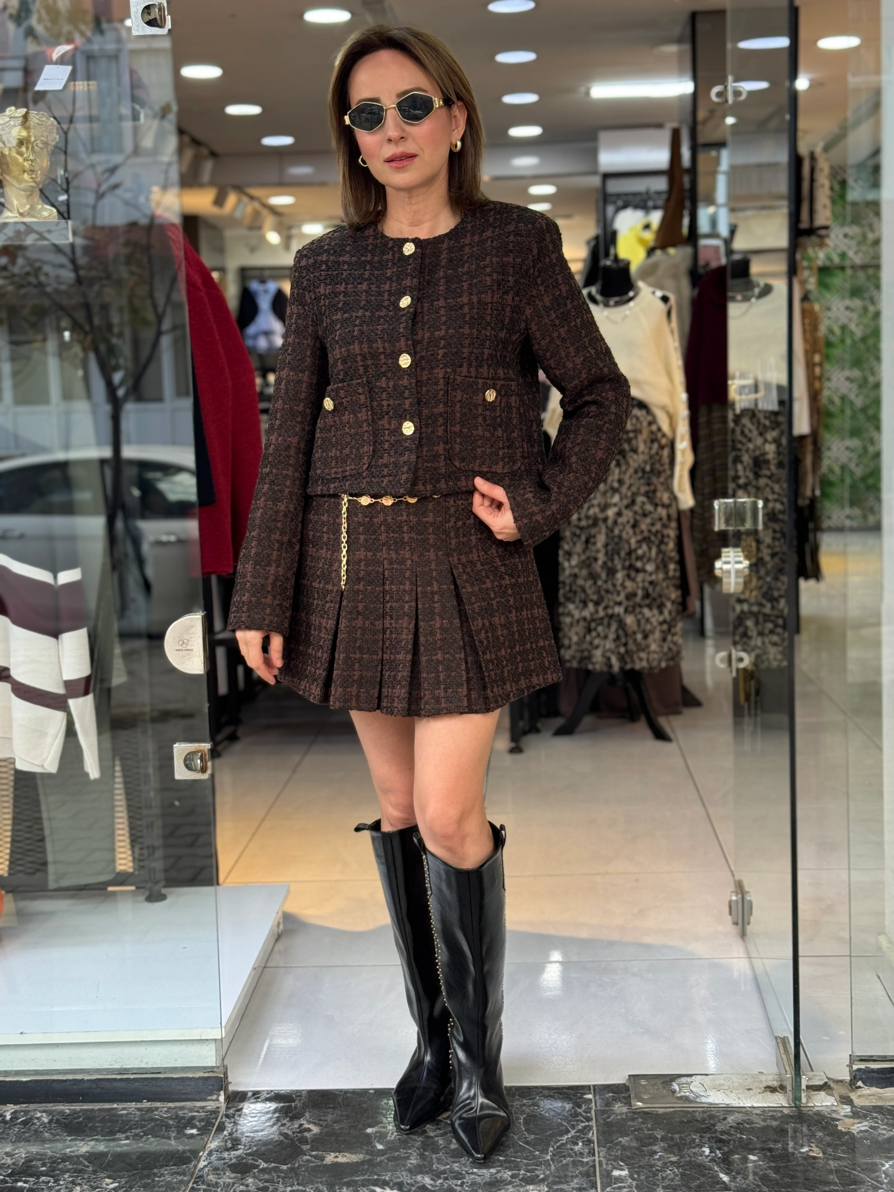 Gold Kemerli Kahve Tüvit Şort Etek