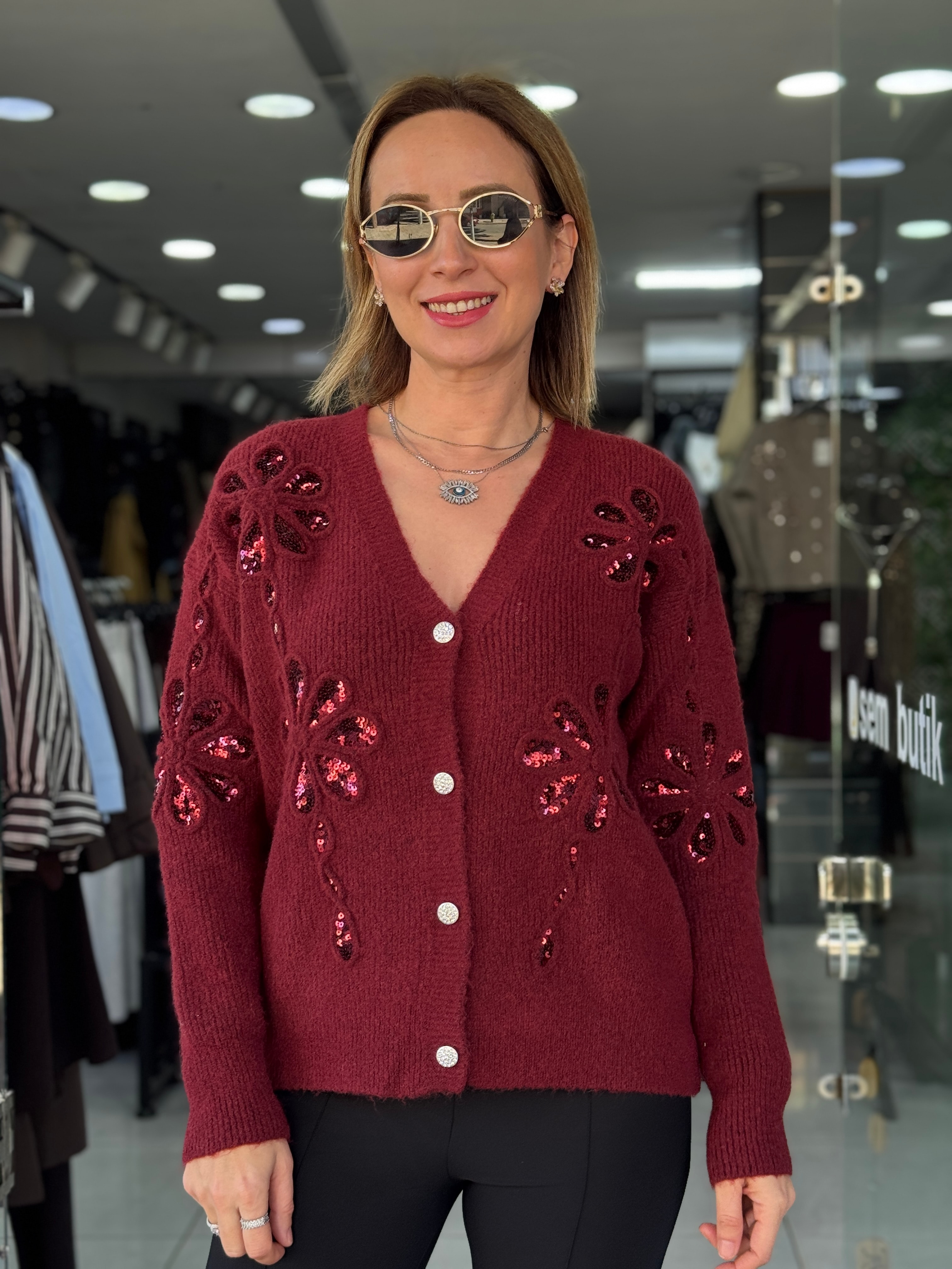 Pul Nakışlı Hırka - Bordo