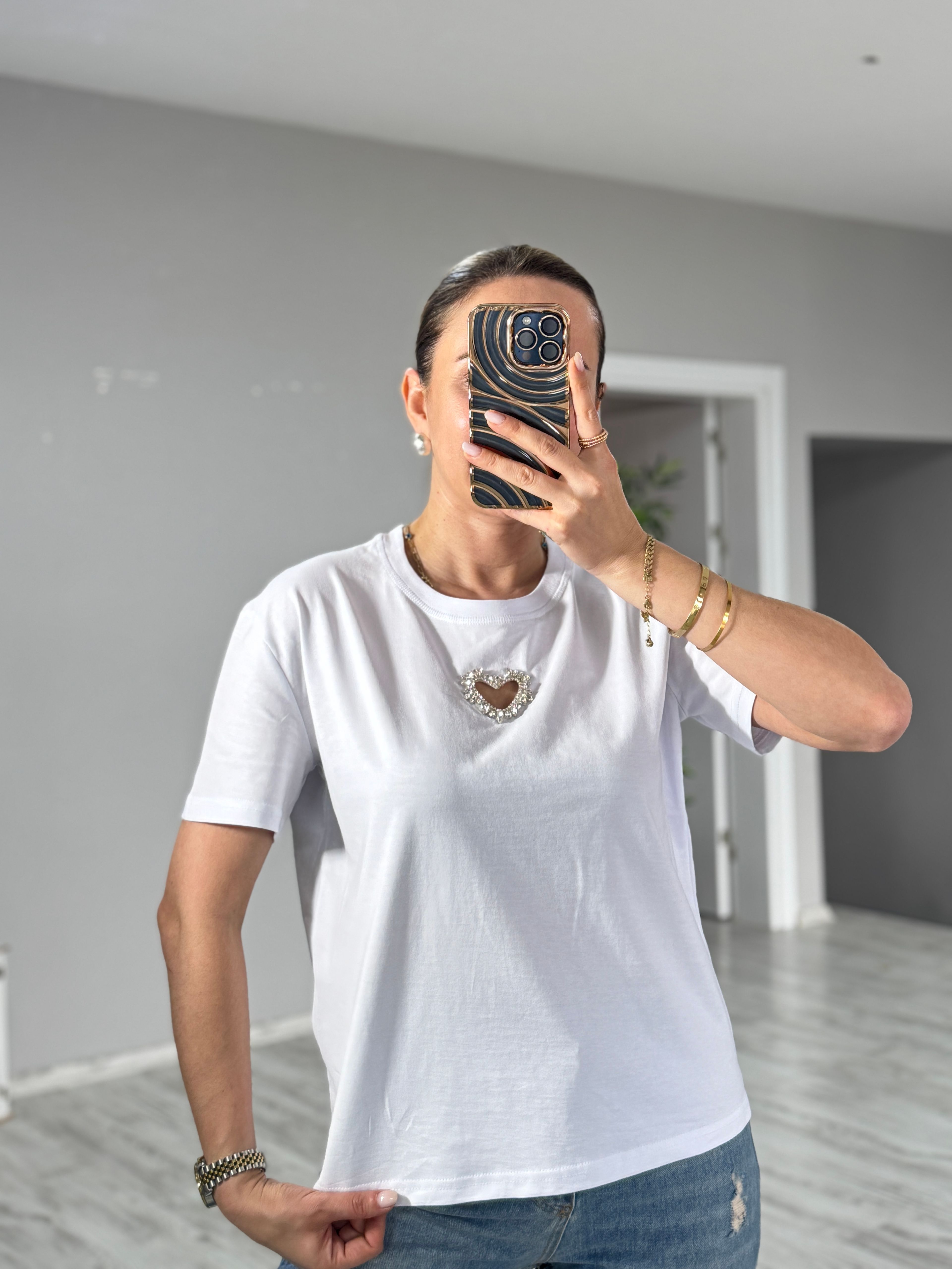 Ön Kalp Detaylı Tshirt - Beyaz