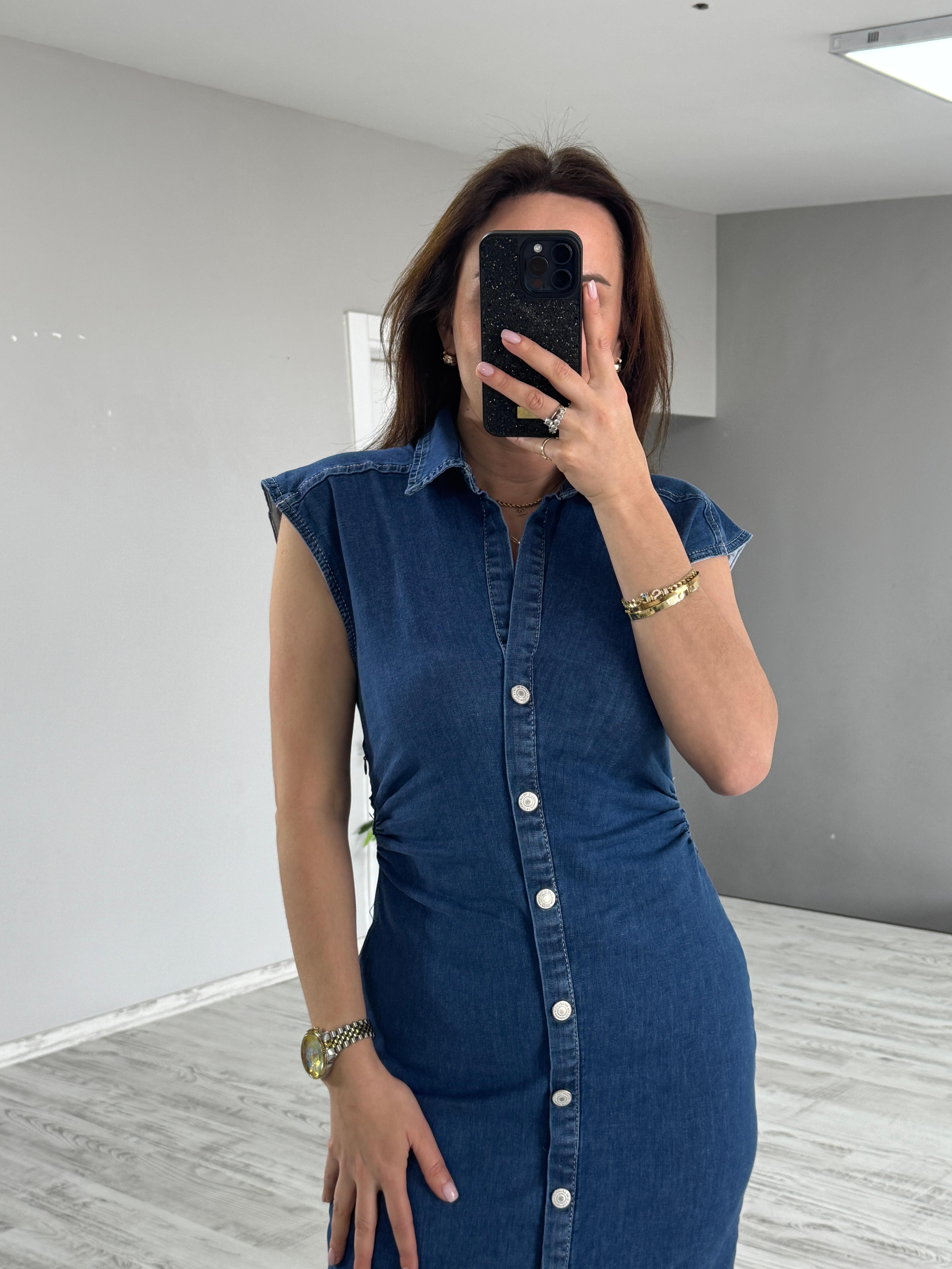 Düğme Detaylı Denim Elbise