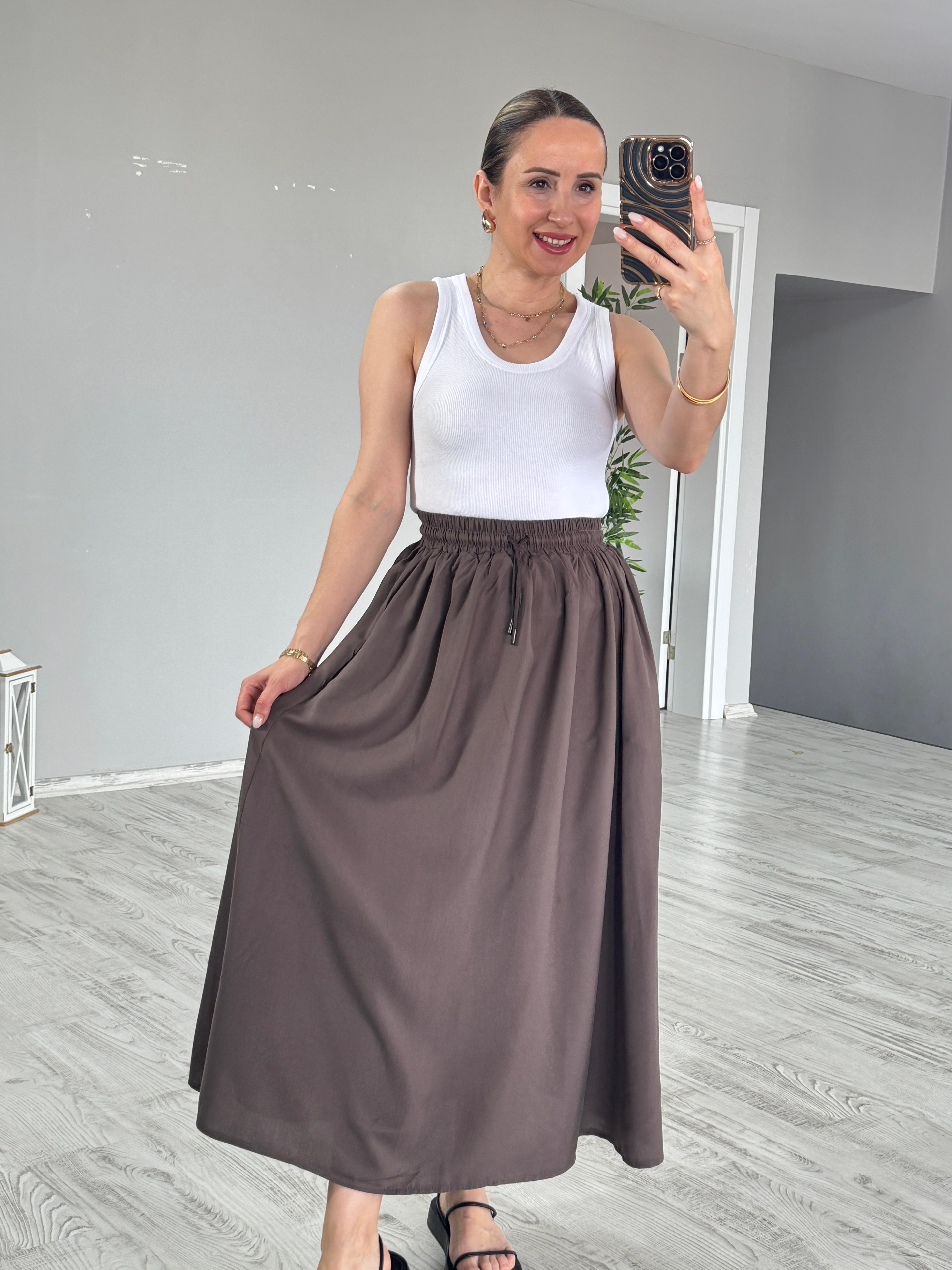 Bel Lastik Detaylı Etek - Kahve