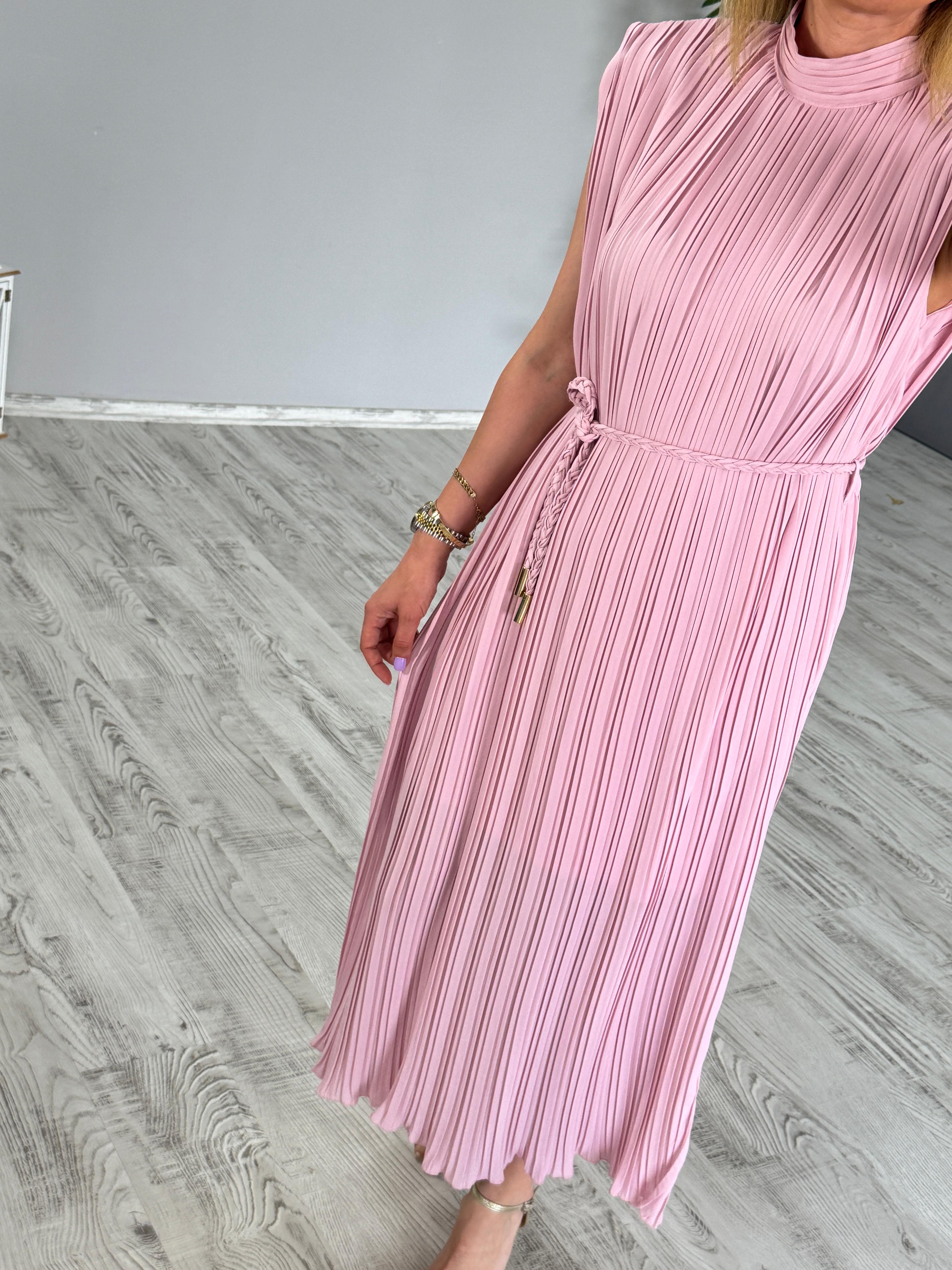Pliseli Kemerli Toz Pembe Elbise