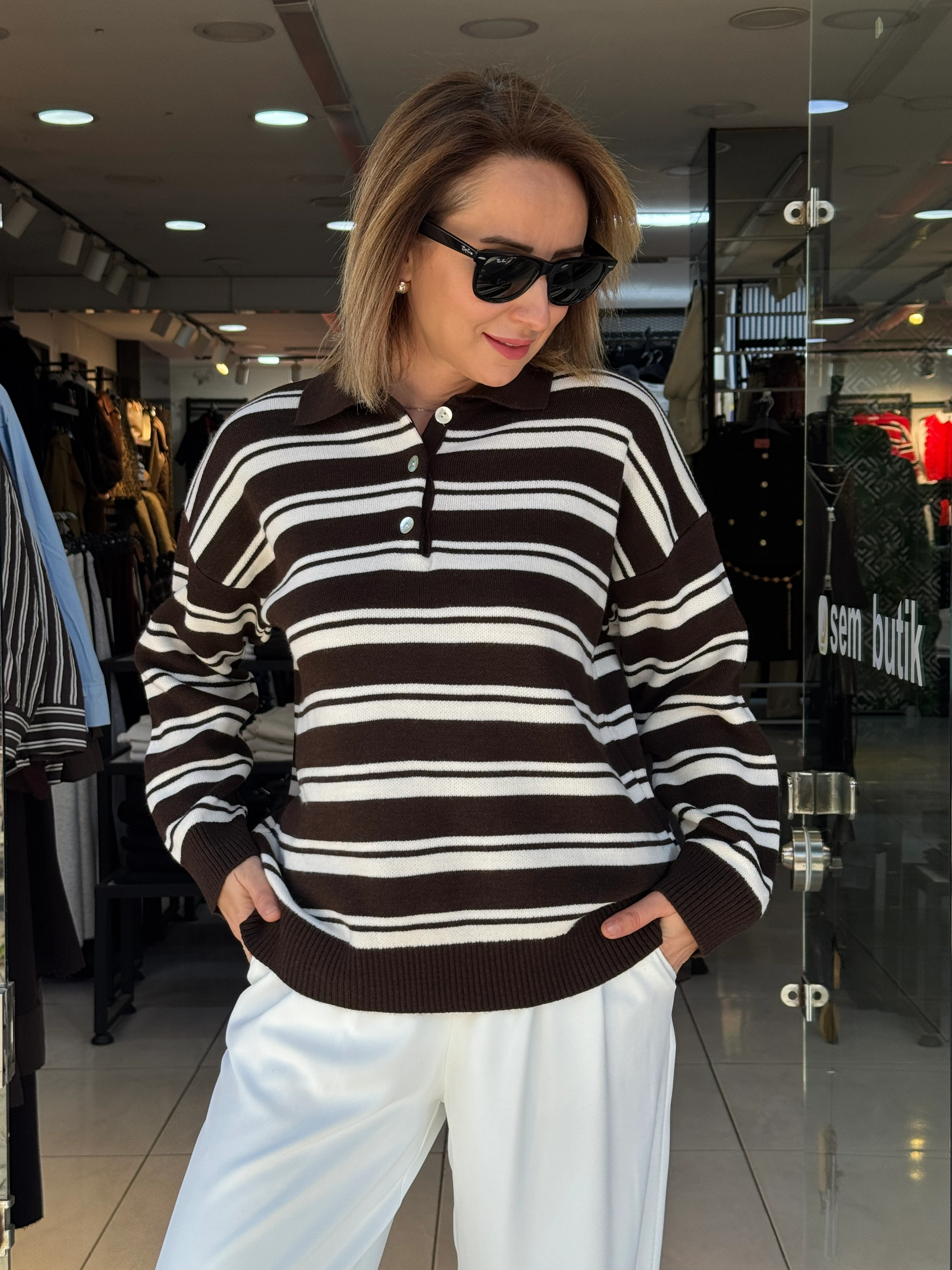 Polo Yaka Şeritli Triko Kazak