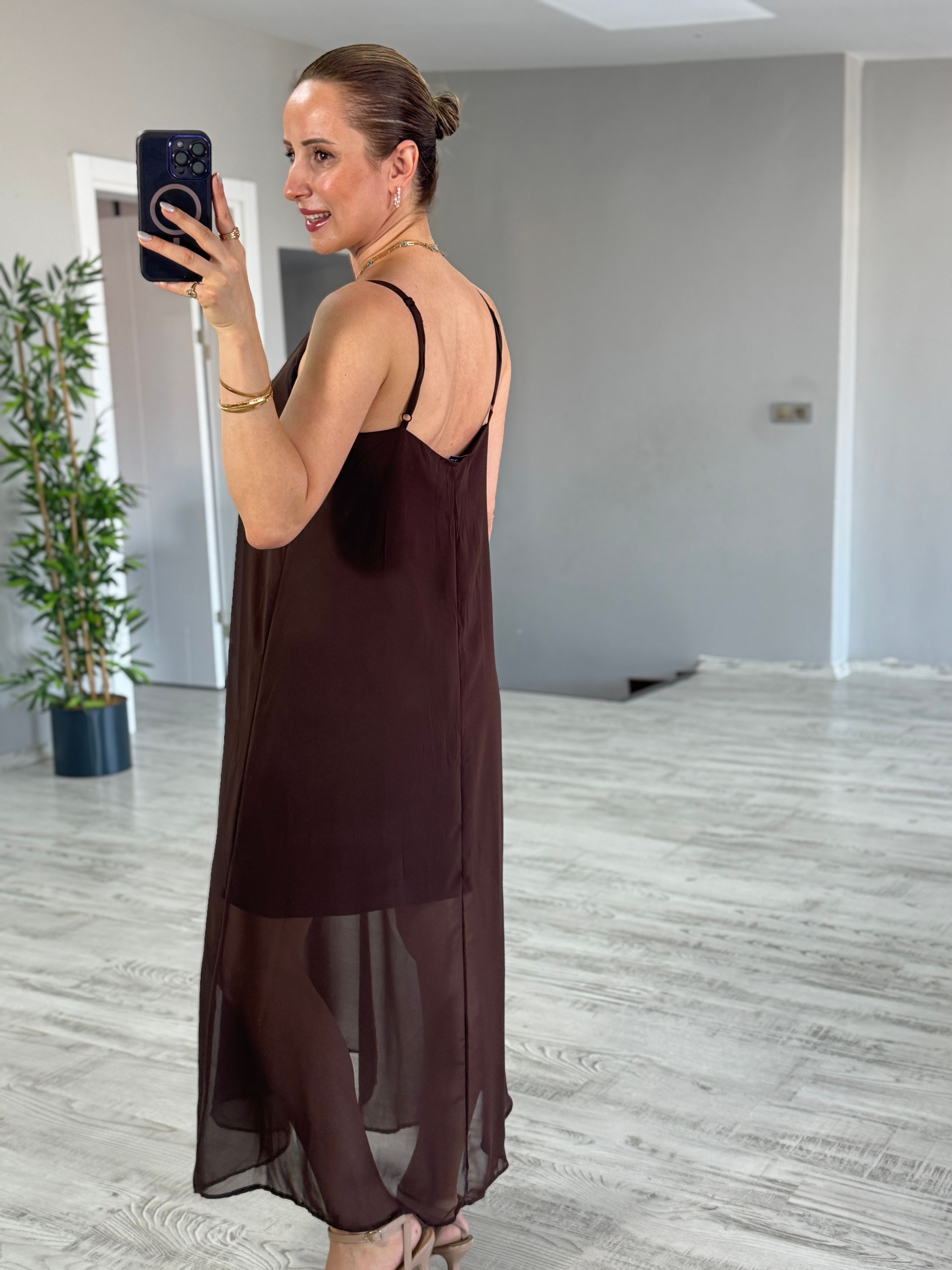 Kahve Şifon Elbise
