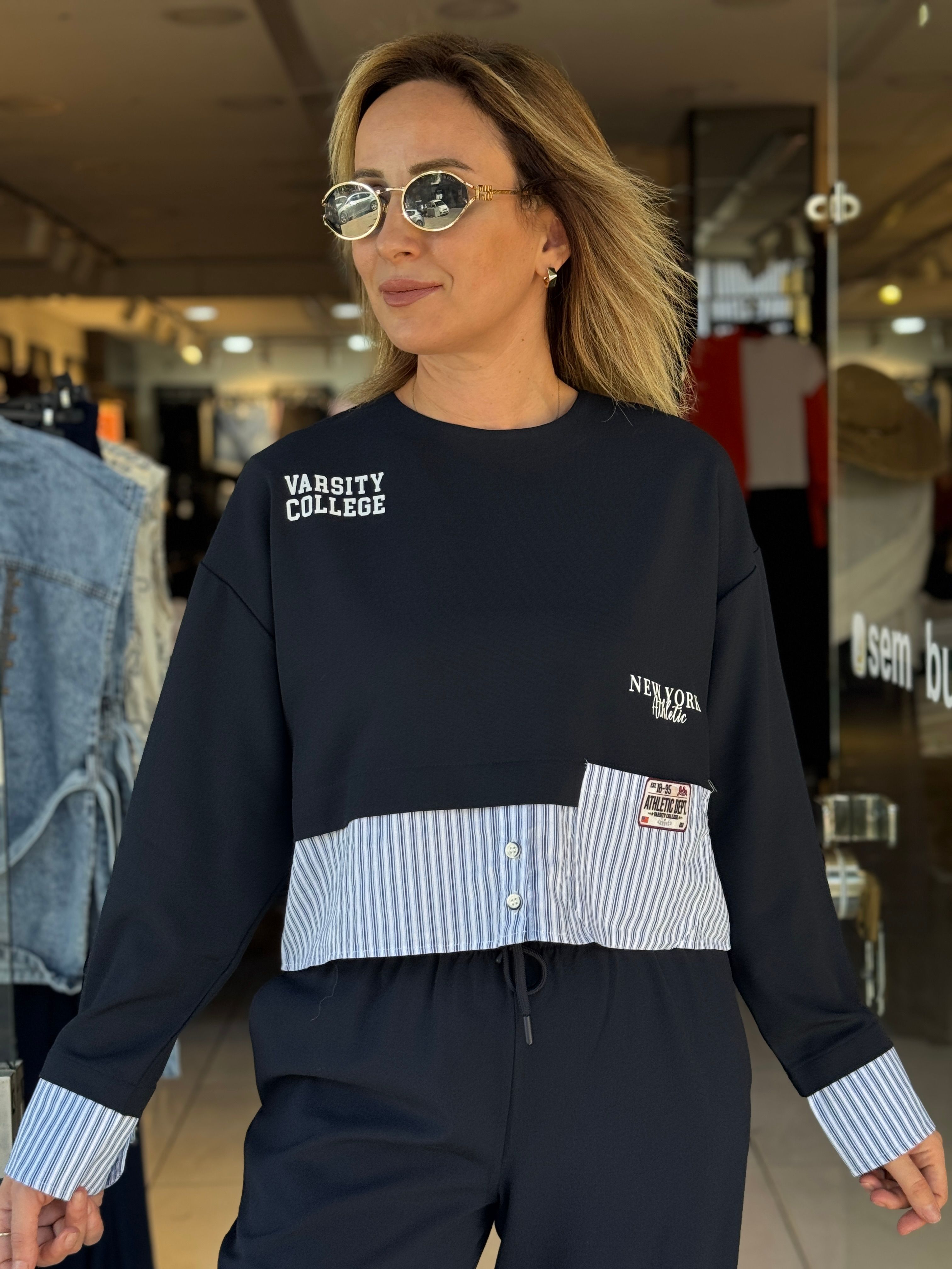 Garnili Nakışlı Lacivert Sweat