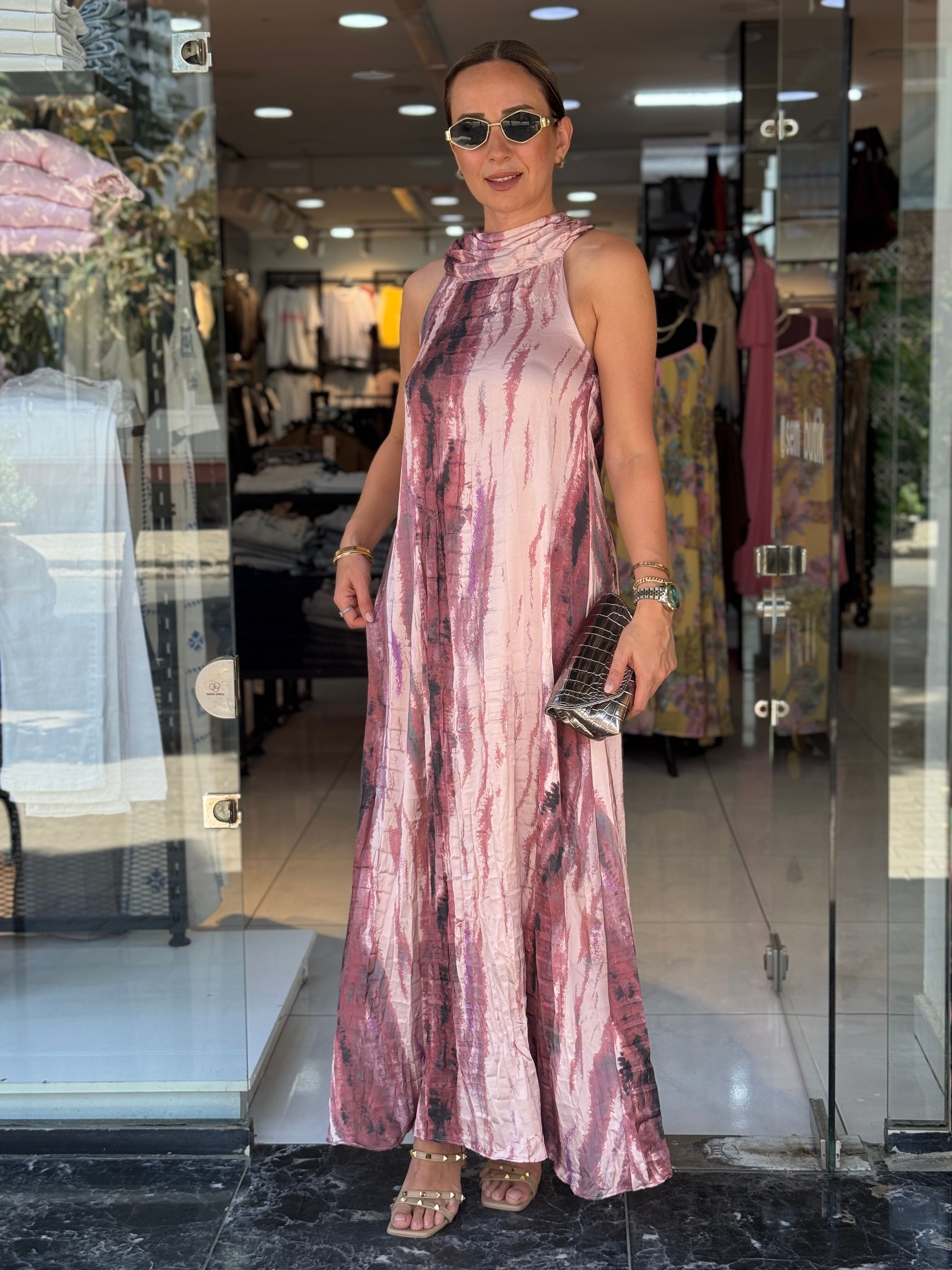 Kraşlı Düğme Detaylı Elbise - Pembe