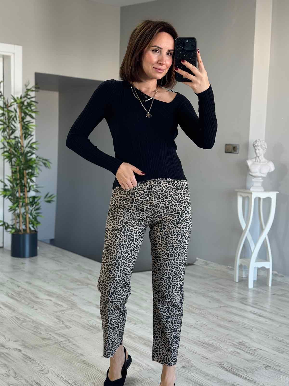 Leopar Detaylı Jean