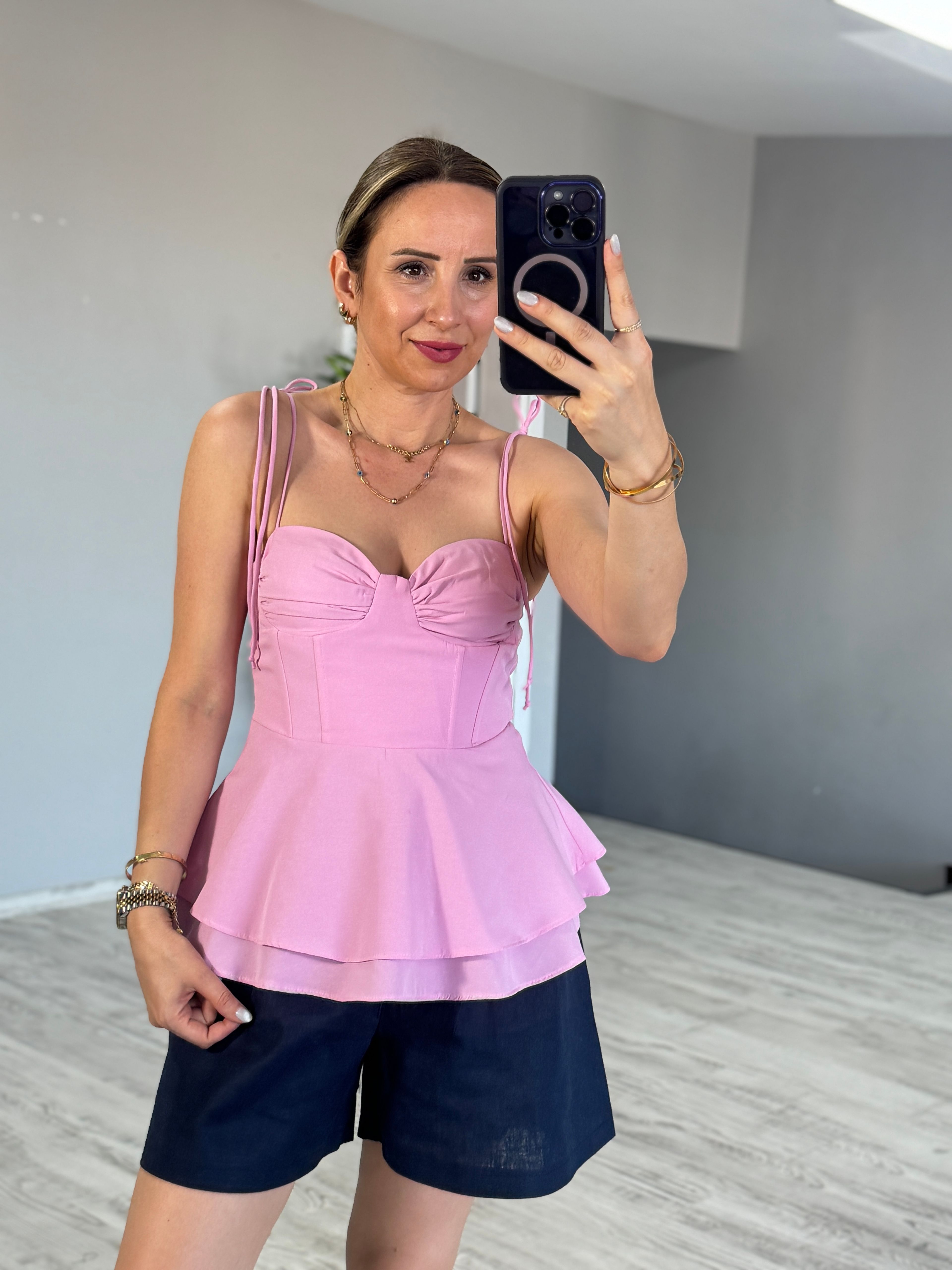 İp Askılı Fırfırlı Bluz - Pembe