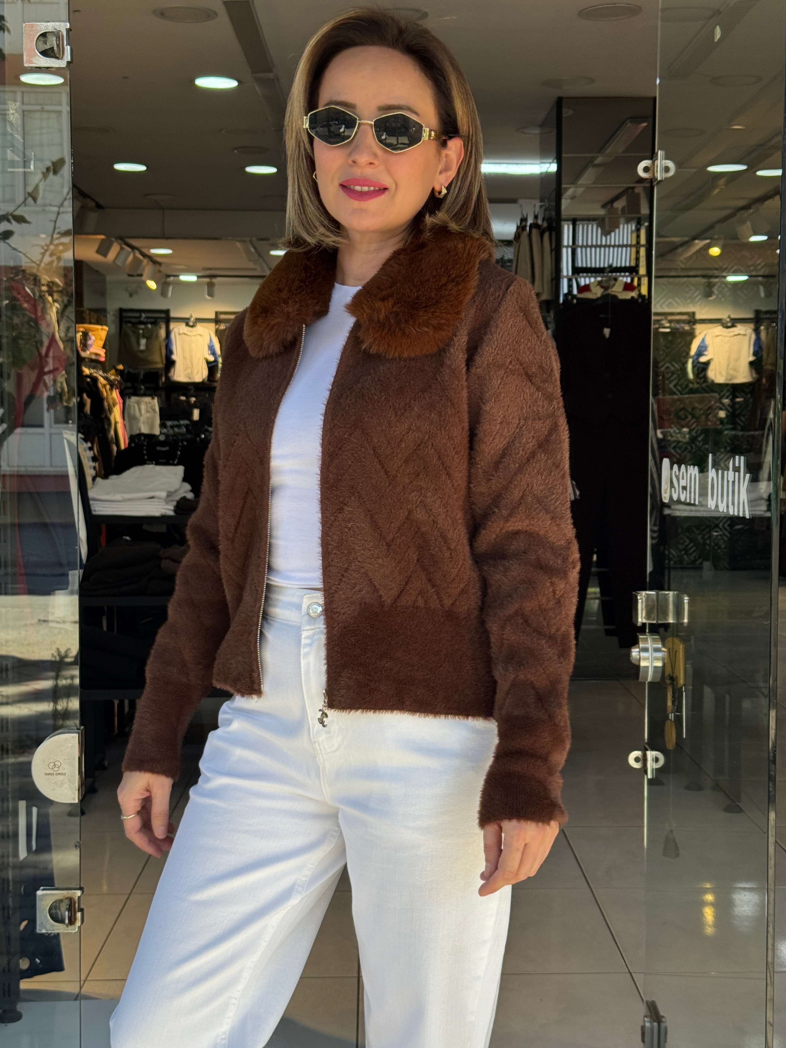 Angora Yakası Kürklü Ceket - Kahve