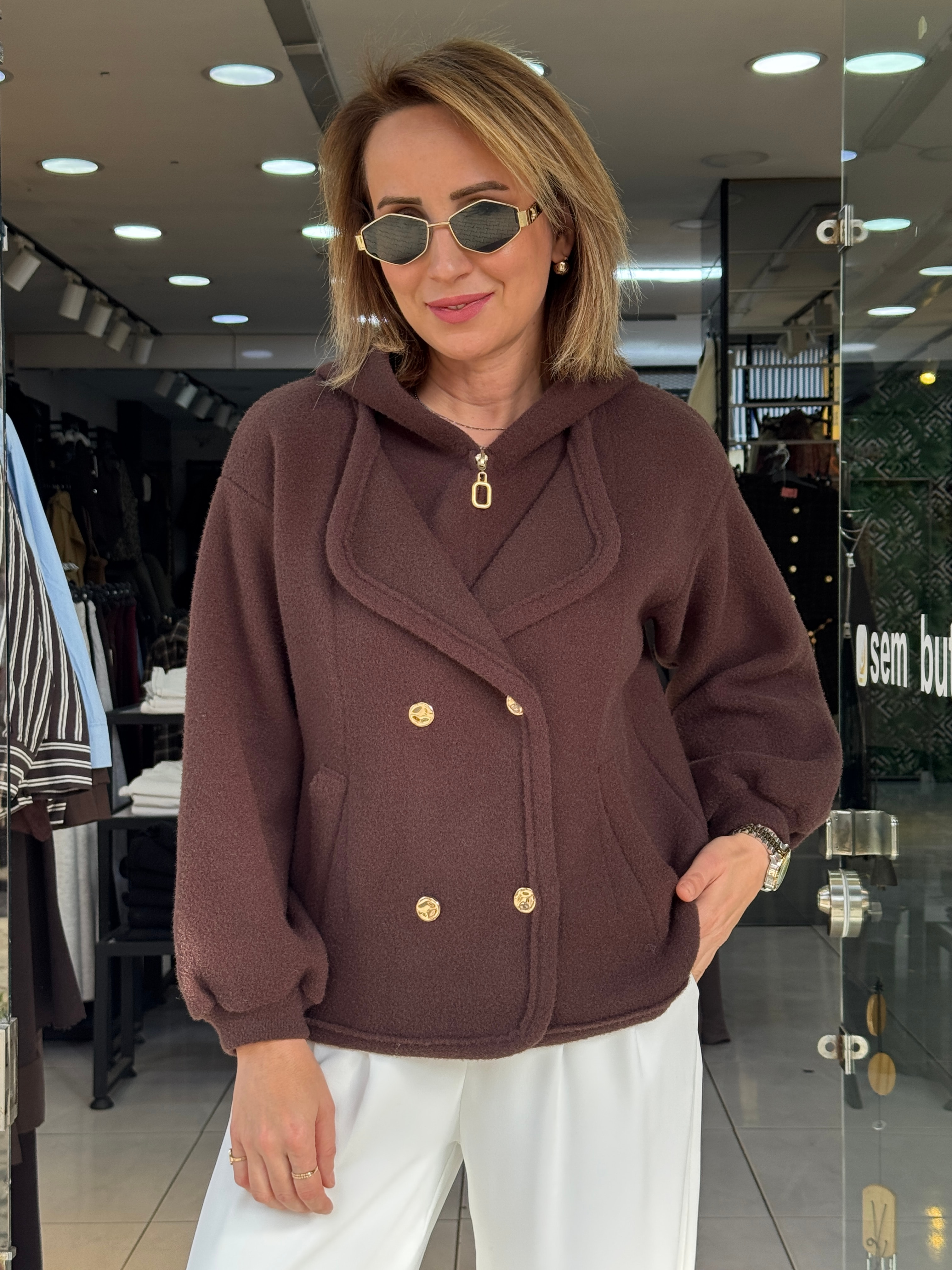 Angora Gold Düğmeli Kapüşonlu Ceket - Kahve