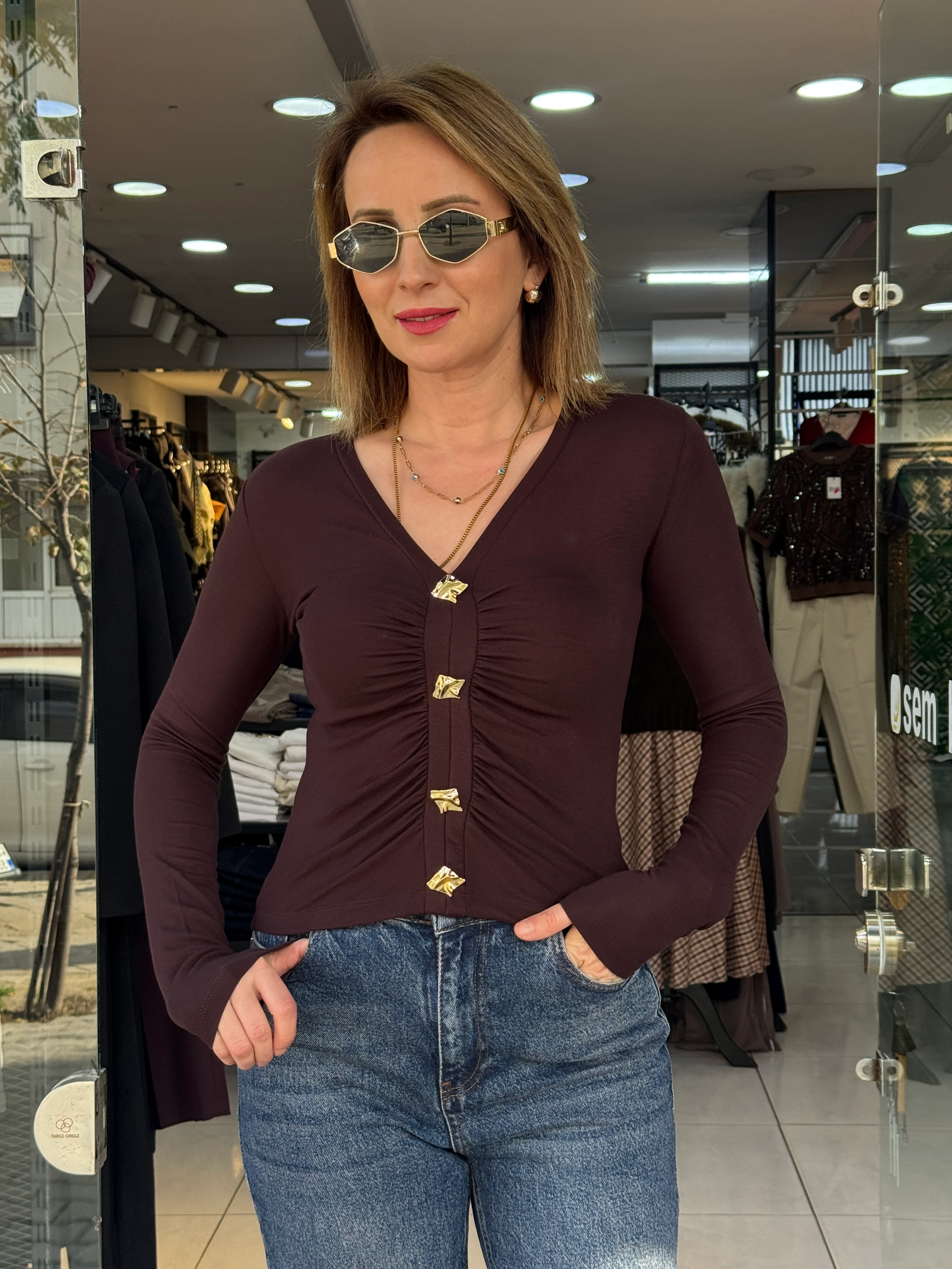 V Yaka Gold Detaylı Bluz