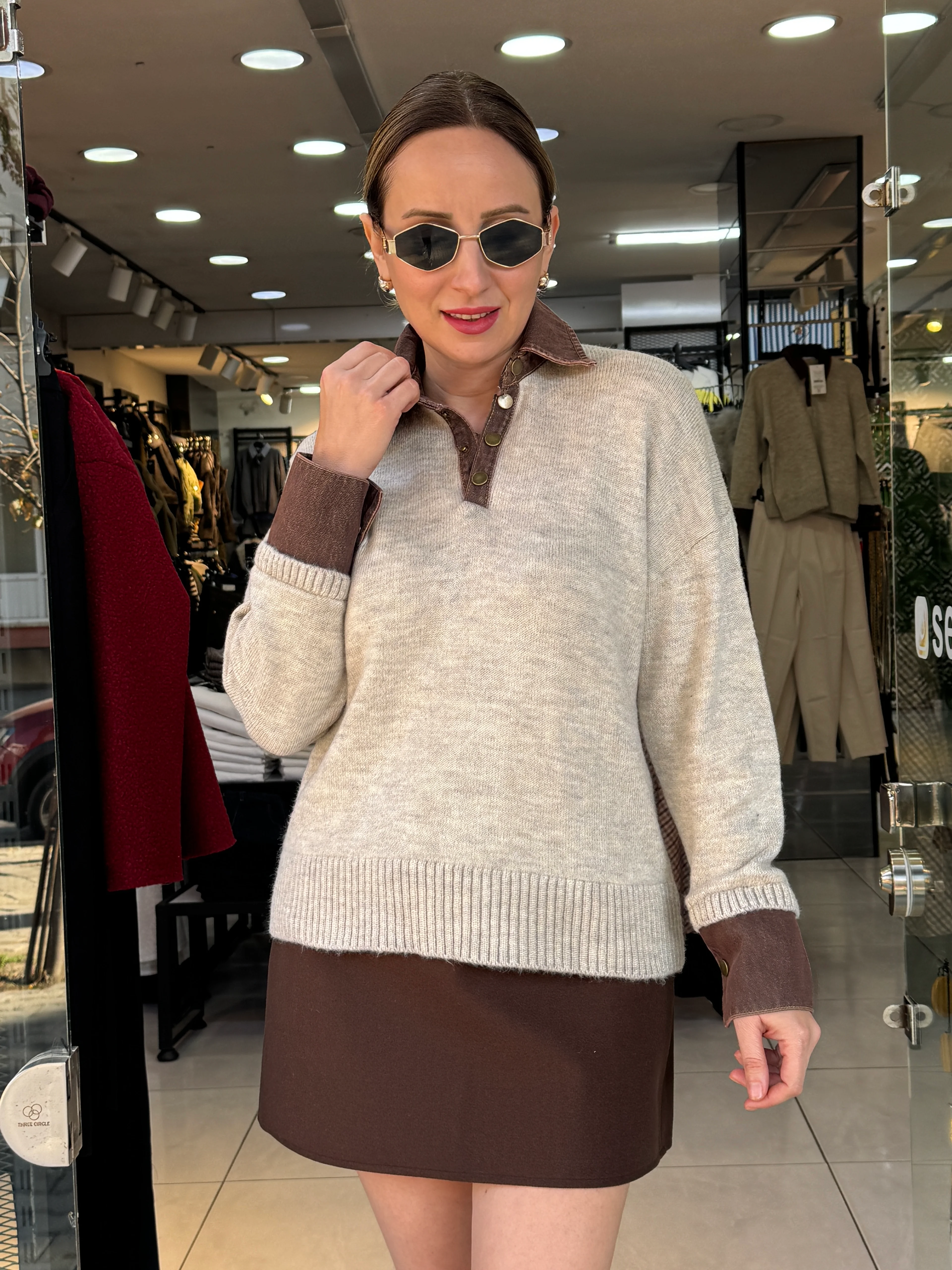 Polo Yaka Denim Detaylı Kazak