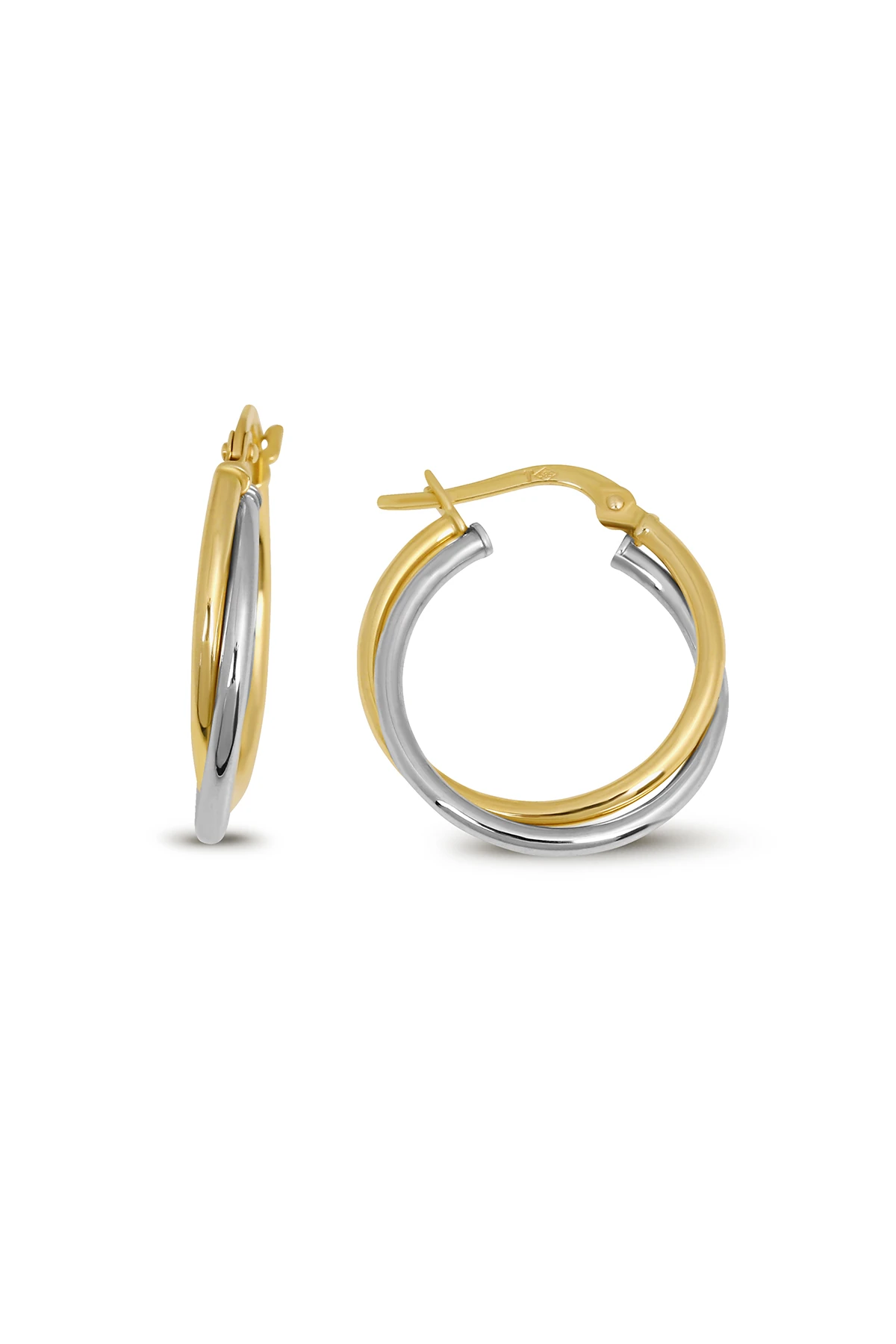 14 Ayar Altın Bombeli Ikili Halka Küpe Sarı-Beyaz 2 Cm