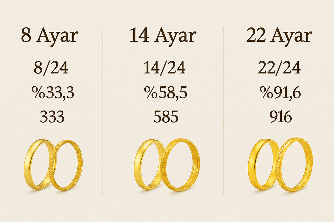 8 ayar, 14 ayar ve 22 ayar altın yüzüklerin saflık oranları ve ayar kodlarıyla karşılaştırıldığı tablo görseli