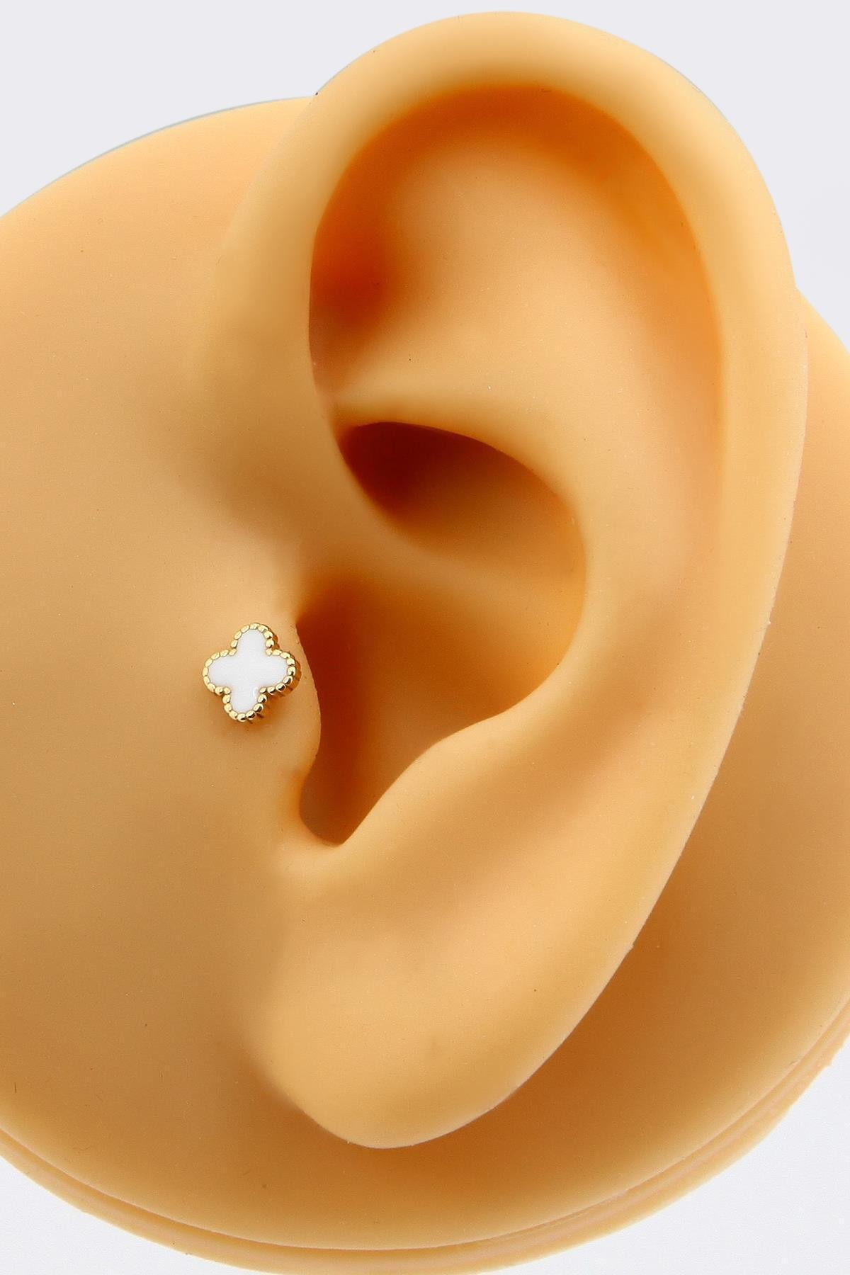 14 Ayar Altın Beyaz Mineli Yonca Kıkırdak Küpe Tragus Helix