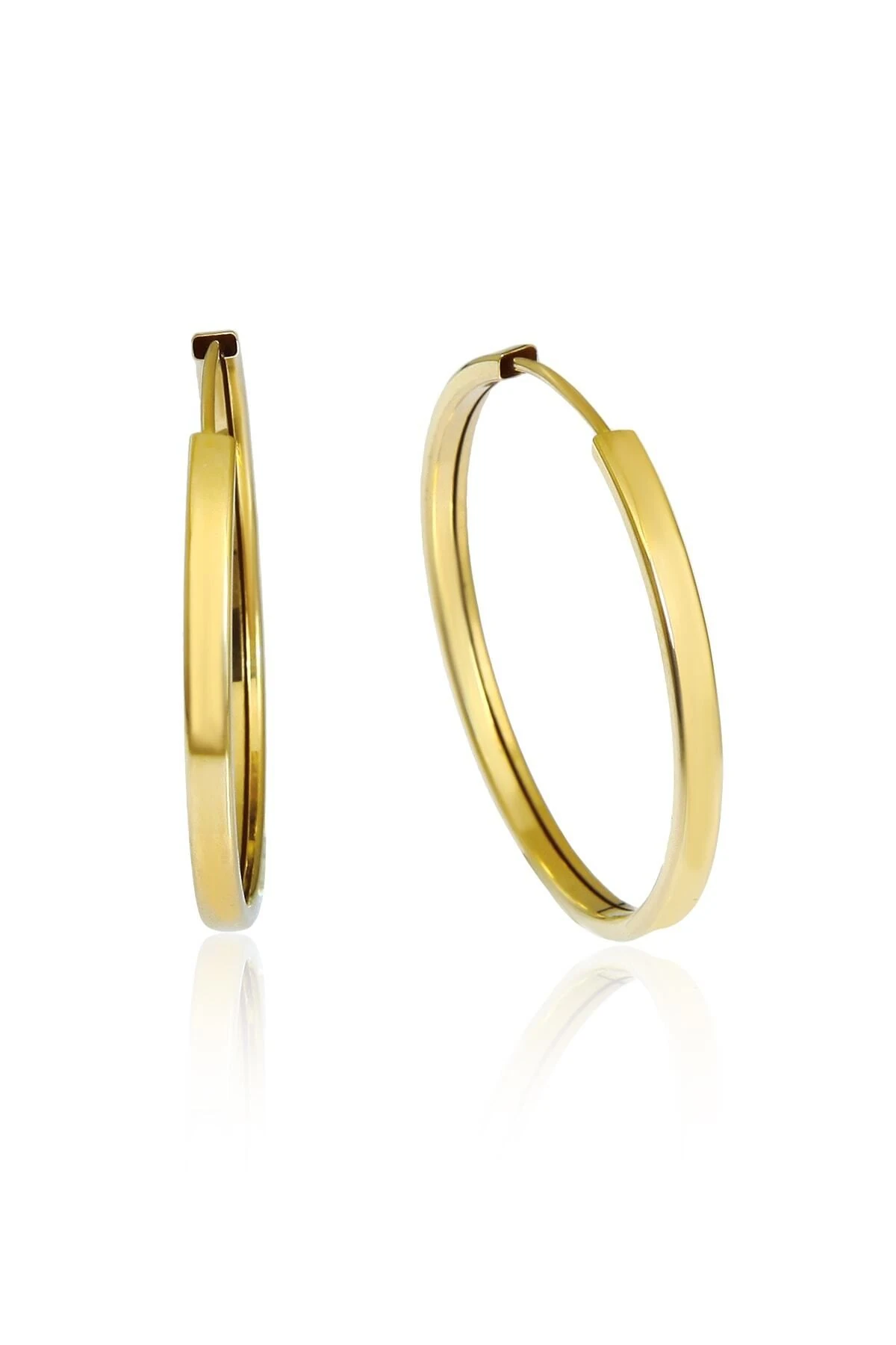 Altınkesesi 14 Ayar Altın Düz Halka Küpe 3 Cm Gizli Kilit