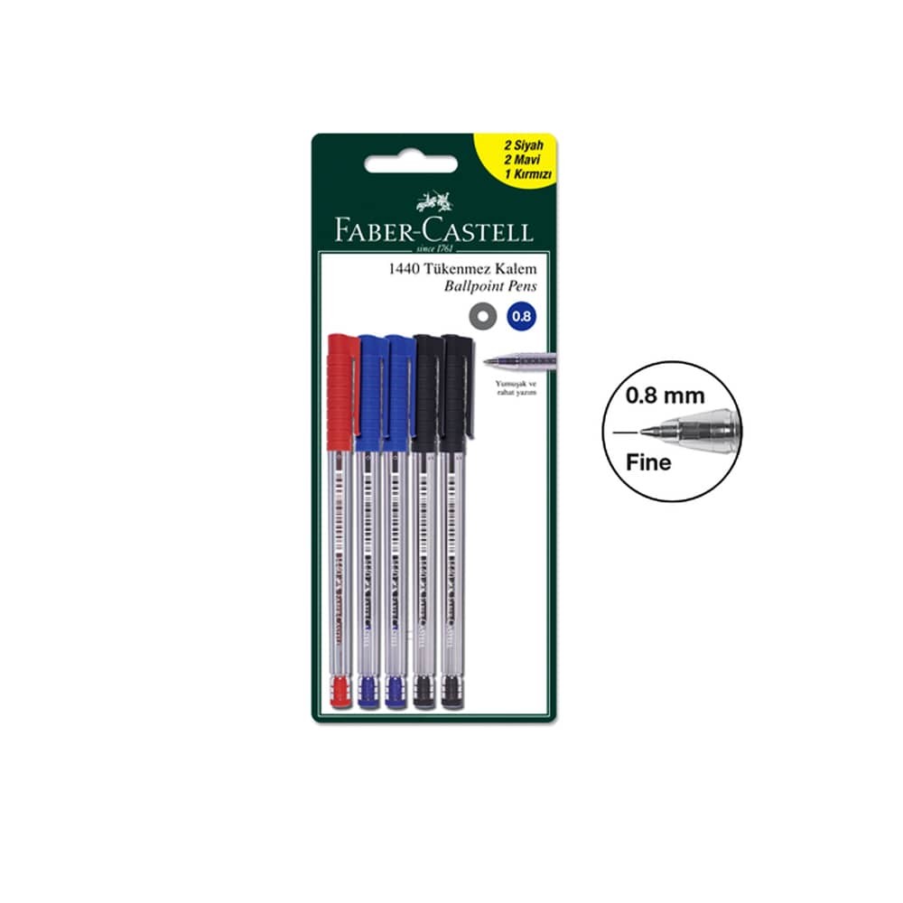 Faber-Castell Tükenmez Kalem 1440 5'li Set 2 Mavi-2 Siyah-1 Kırmızı