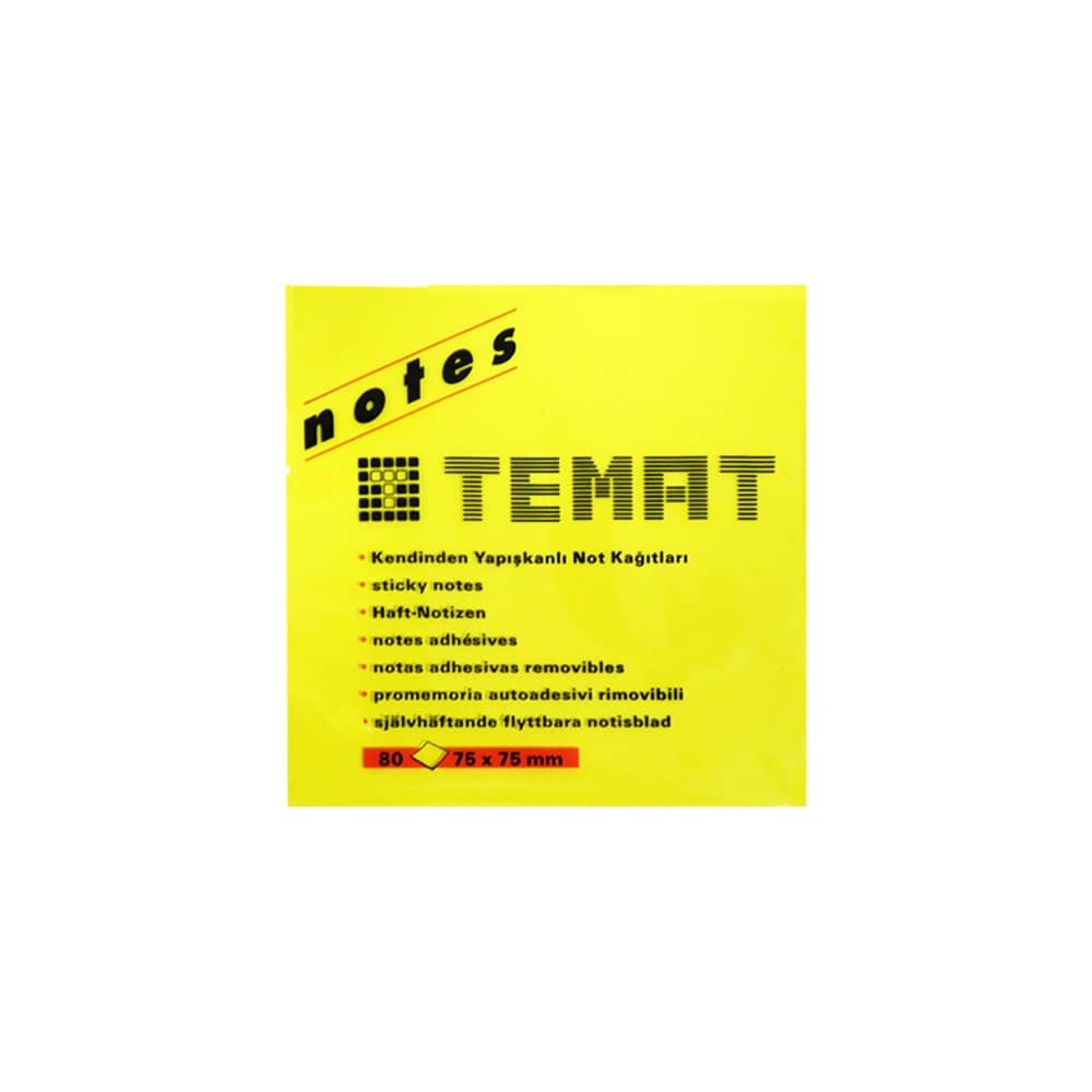 Temat Yapışkanlı Not Kağıdı 75x75 mm Fosforlu Sarı