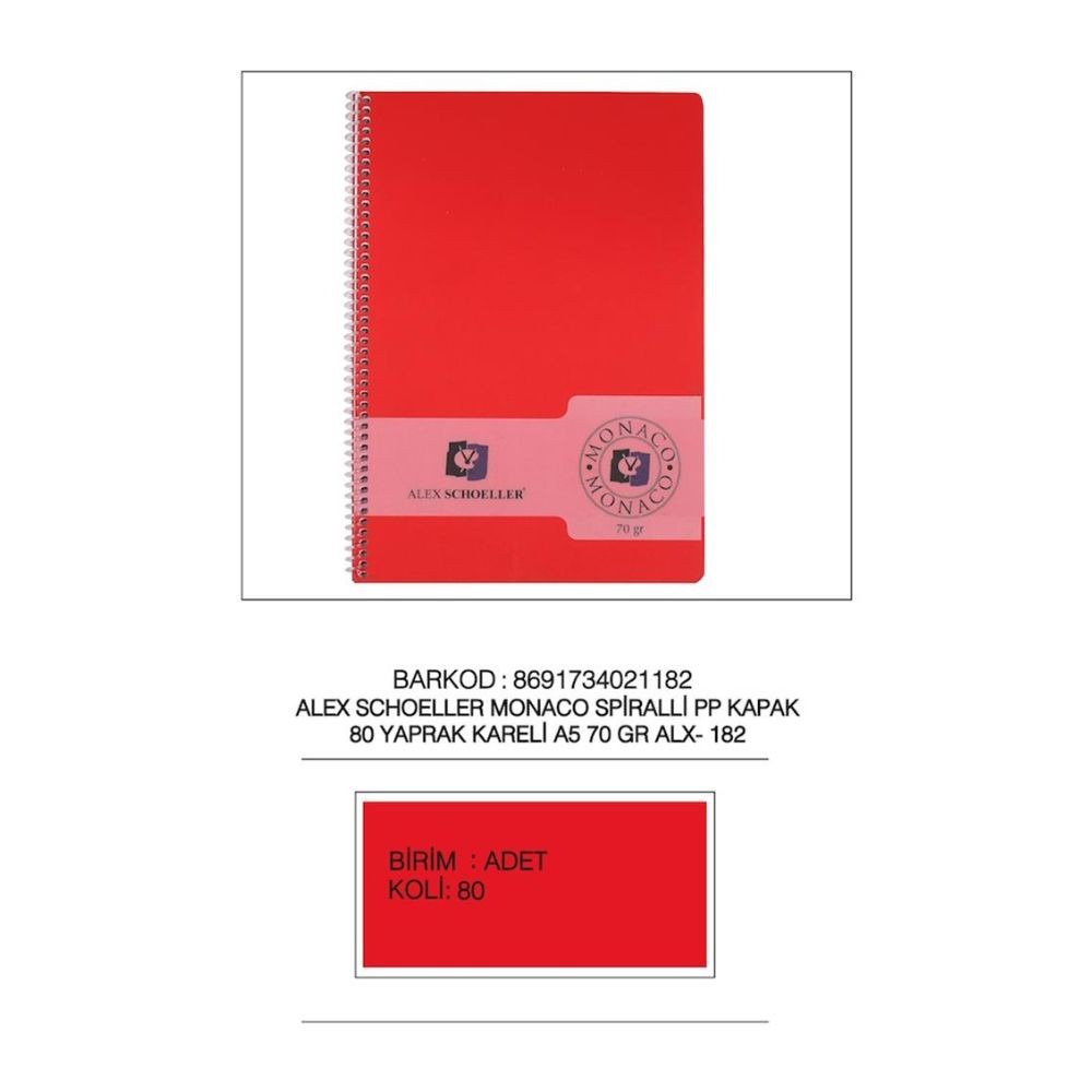 Alex Schoeller Defter Spiralli Pp Kapak A5 80 Yaprak Kareli