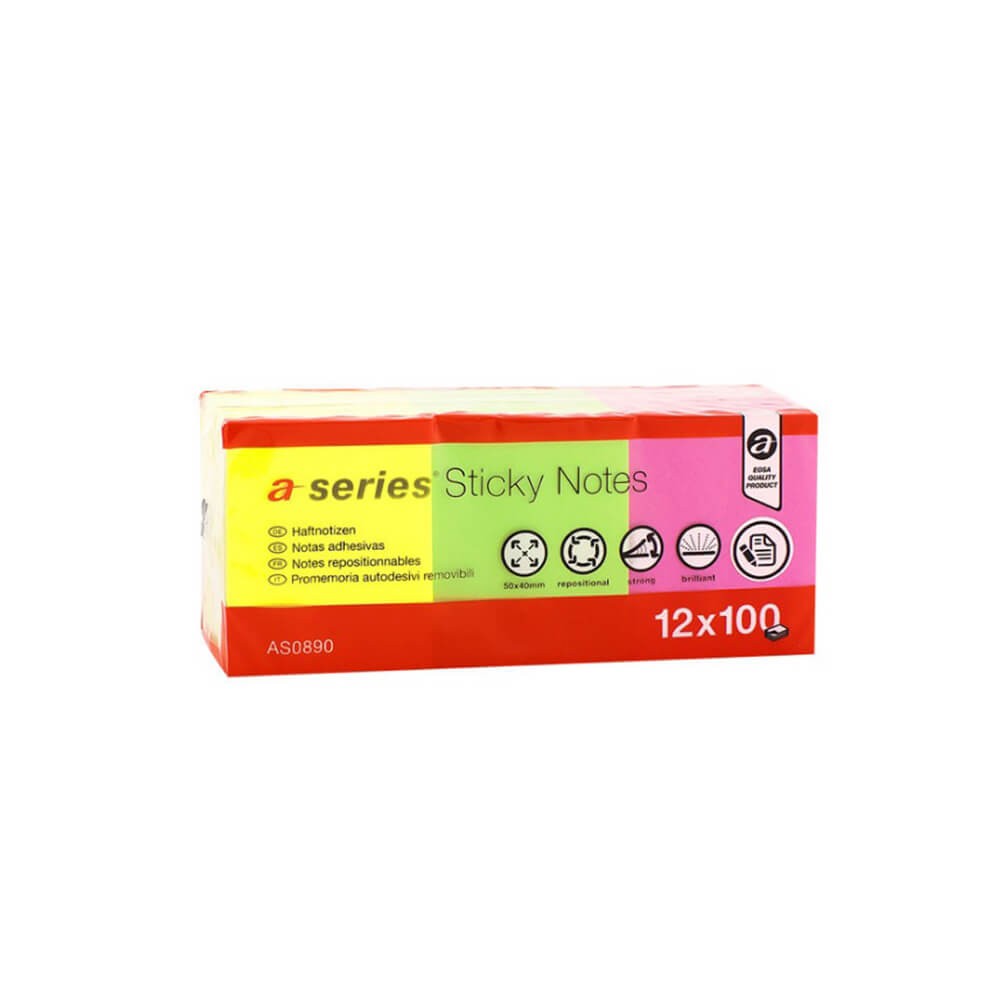Aseries Yapışkanlı Not Kağıdı 50x40 mm 100 Yaprak Neon Renk 12'li