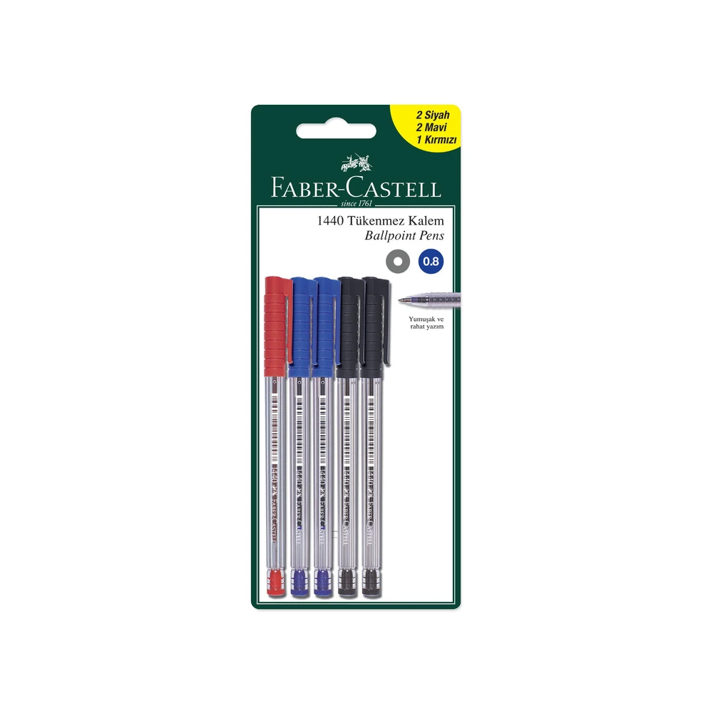 Faber-Castell Tükenmez Kalem 1440 5'li Set 2 Mavi-2 Siyah-1 Kırmızı