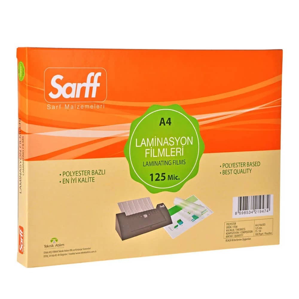 Sarff Laminasyon Filmi Parlak 125 mic A4 216x303 mm