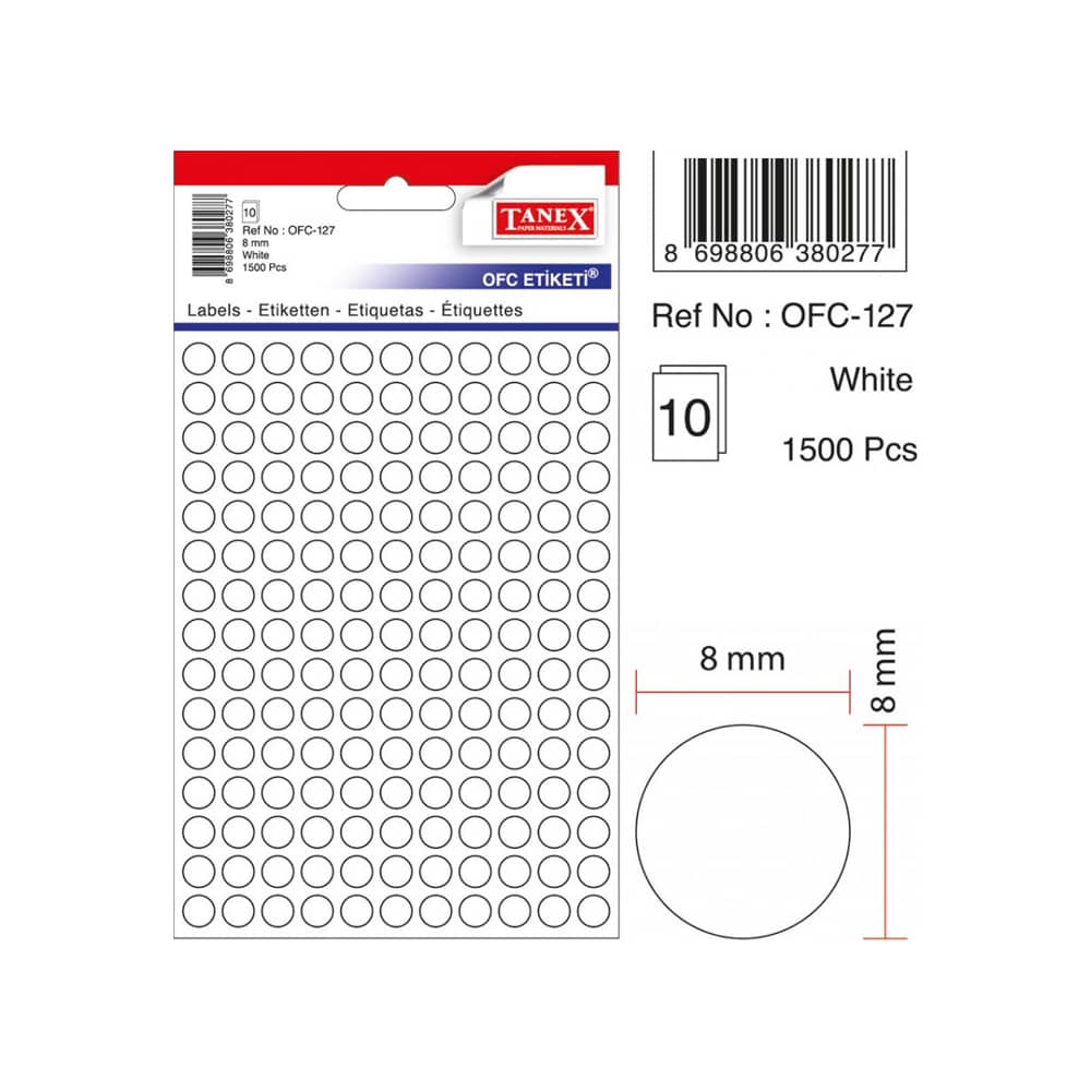 Tanex Ofis Etiketi 8 mm Beyaz OFC-127