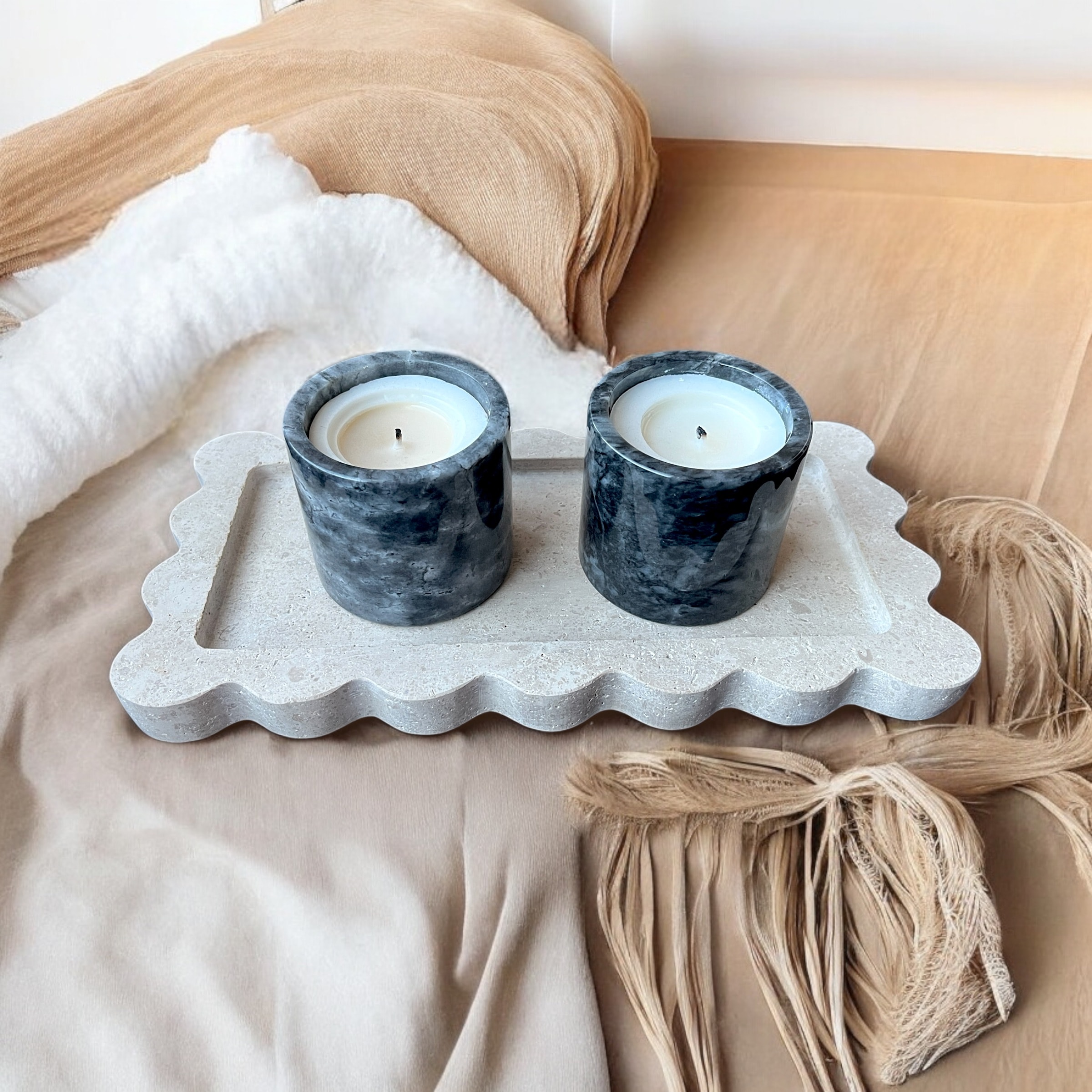 Natural Travertine Tray with Comb Edges & Decorative Serving Tray