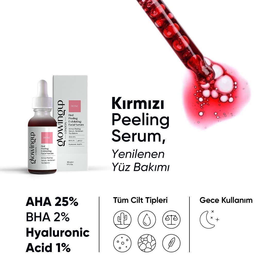 Glowingup Kırmızı Peeling Serum, Yenilenen Yüz Bakımı 30 ML. (AHA 10% + BHA 2% + Hyaluronic Acid 1%)