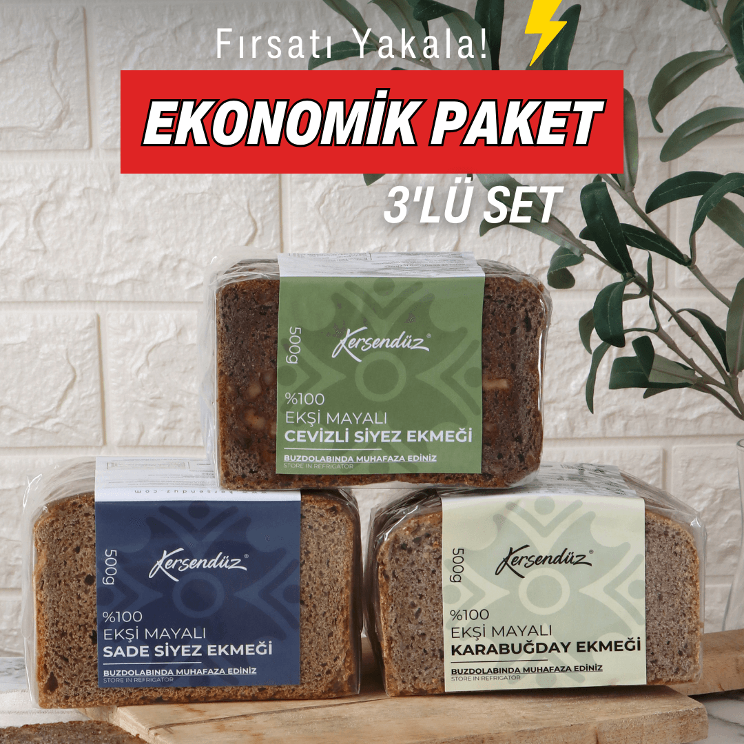 %100 Ekşi Mayalı (Karabuğday-Sade Siyez-Cevizli) Ekmekler 3x500 g