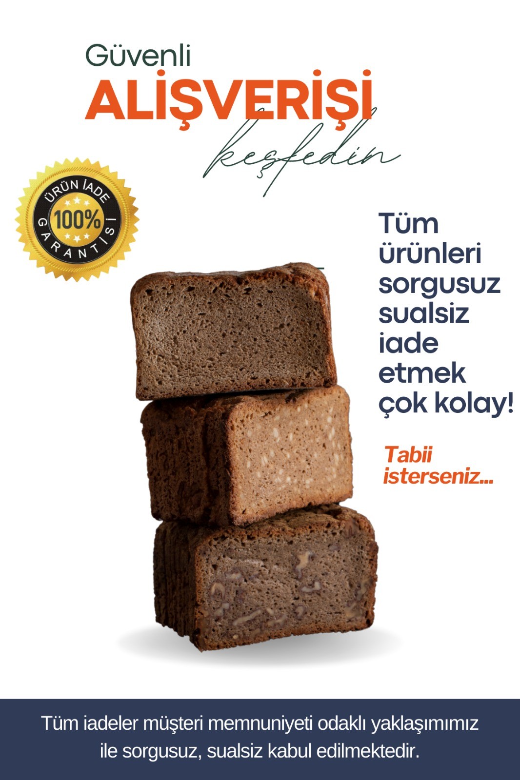 %100 Ekşi Mayalı Cevizli Siyez Ekmeği 3x 500 g