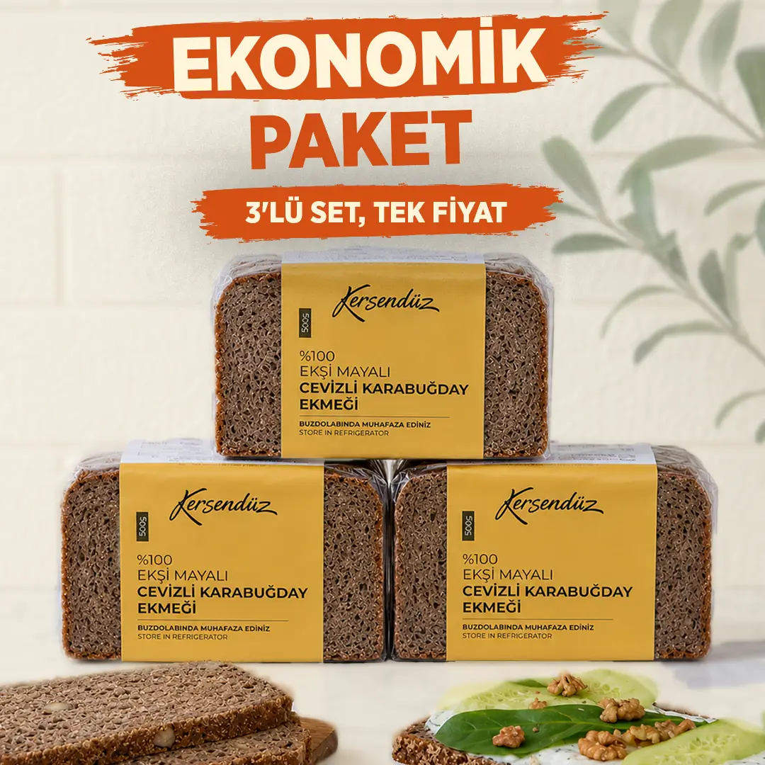 Ekşi Mayalı Cevizli Çiğ Karabuğday Ekmeği 3x500 g