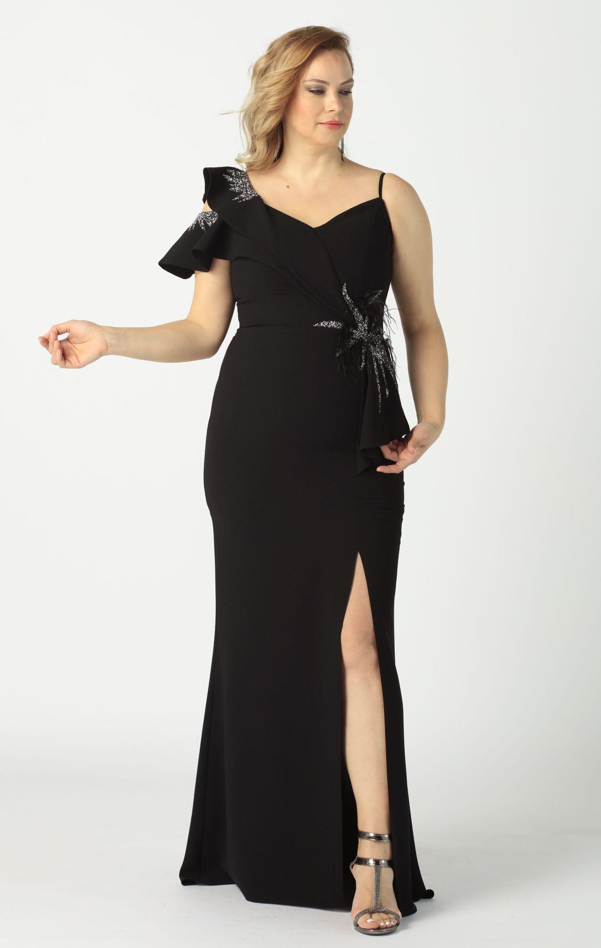 21927 Siyah Omuzu İki Katlı Beli Taş İşlemeli Kadın Büyük Beden Abiye Elbise - Siyah