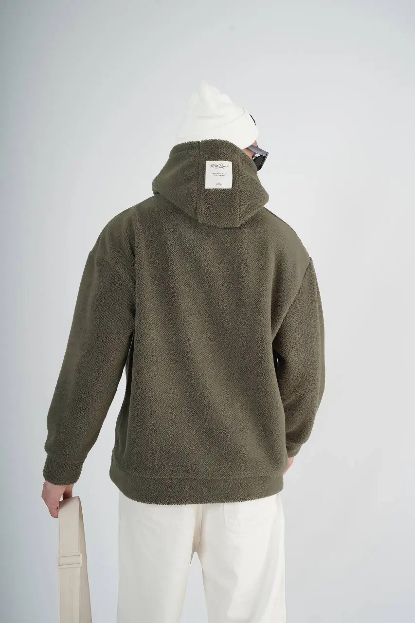 Kapüşonlu Peluş Oversize Haki Sweatshirt