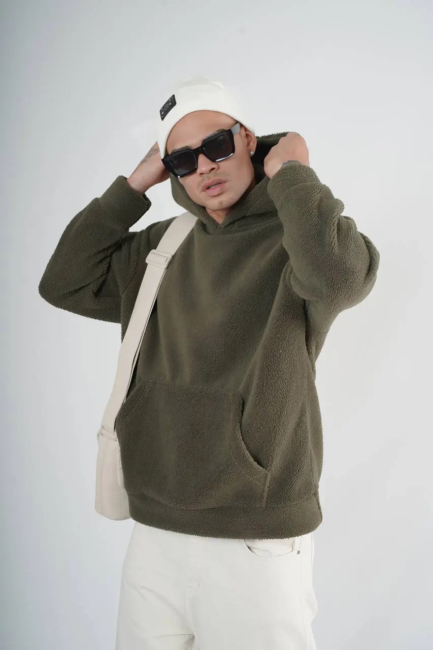 Kapüşonlu Peluş Oversize Haki Sweatshirt