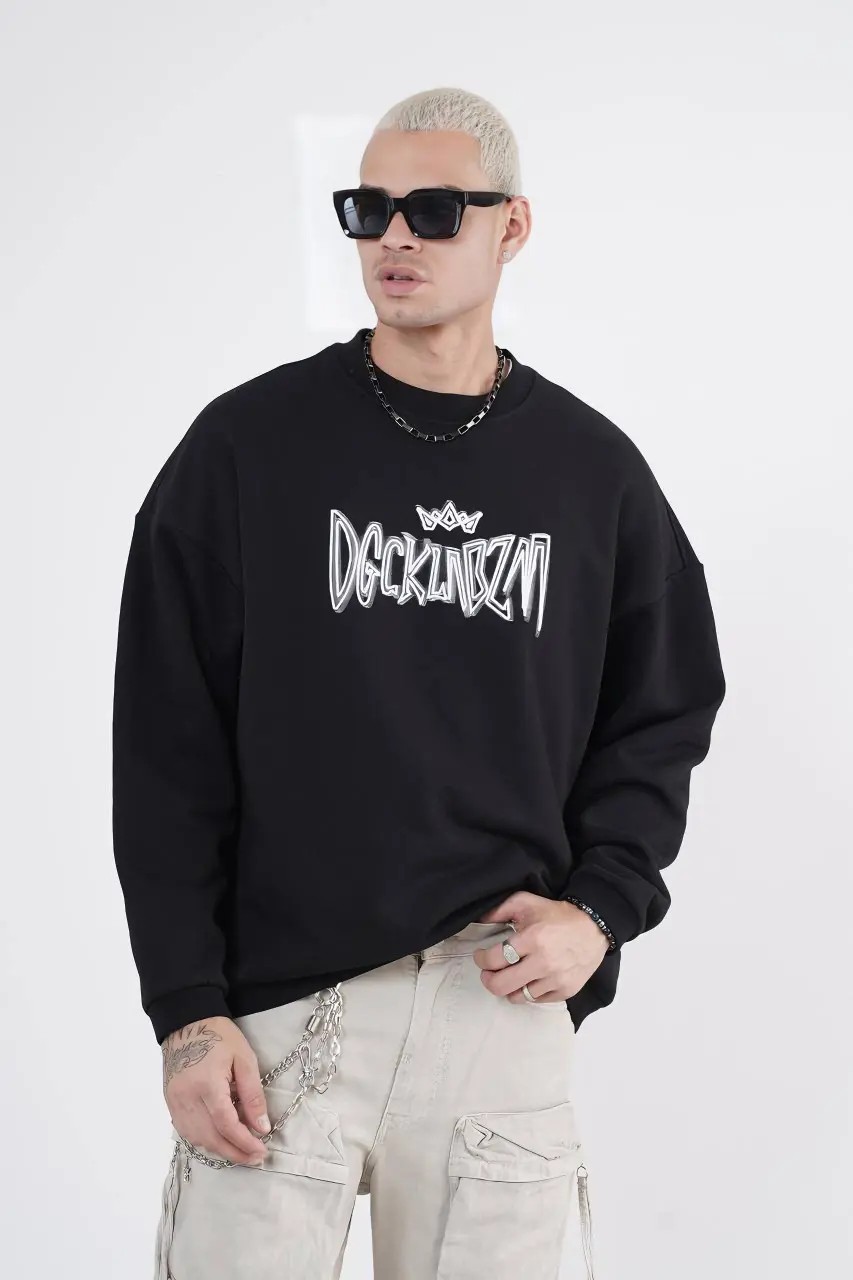 3 İplik Diagonel Kumaş Beyaz Nakış Modelli Siyah Oversize Sweatshirt