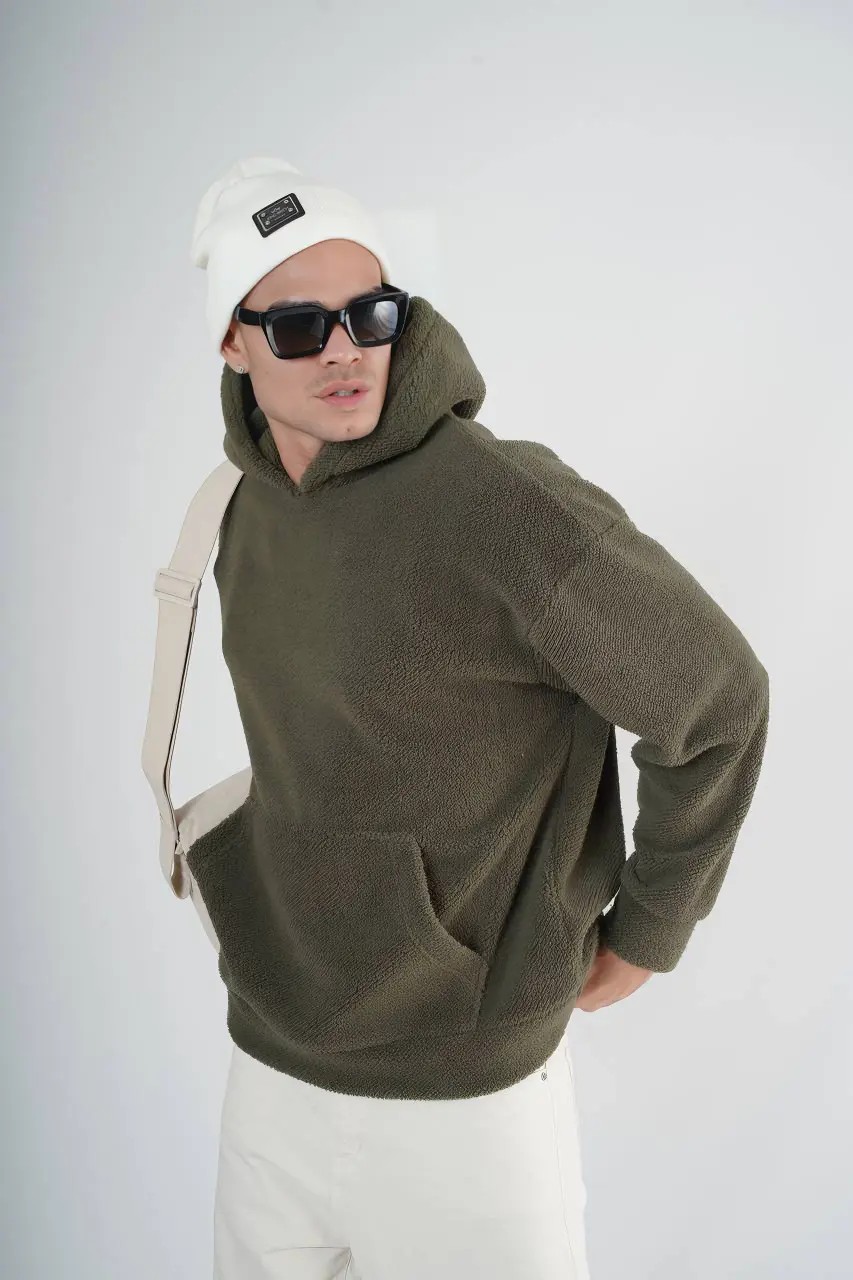 Kapüşonlu Peluş Oversize Haki Sweatshirt