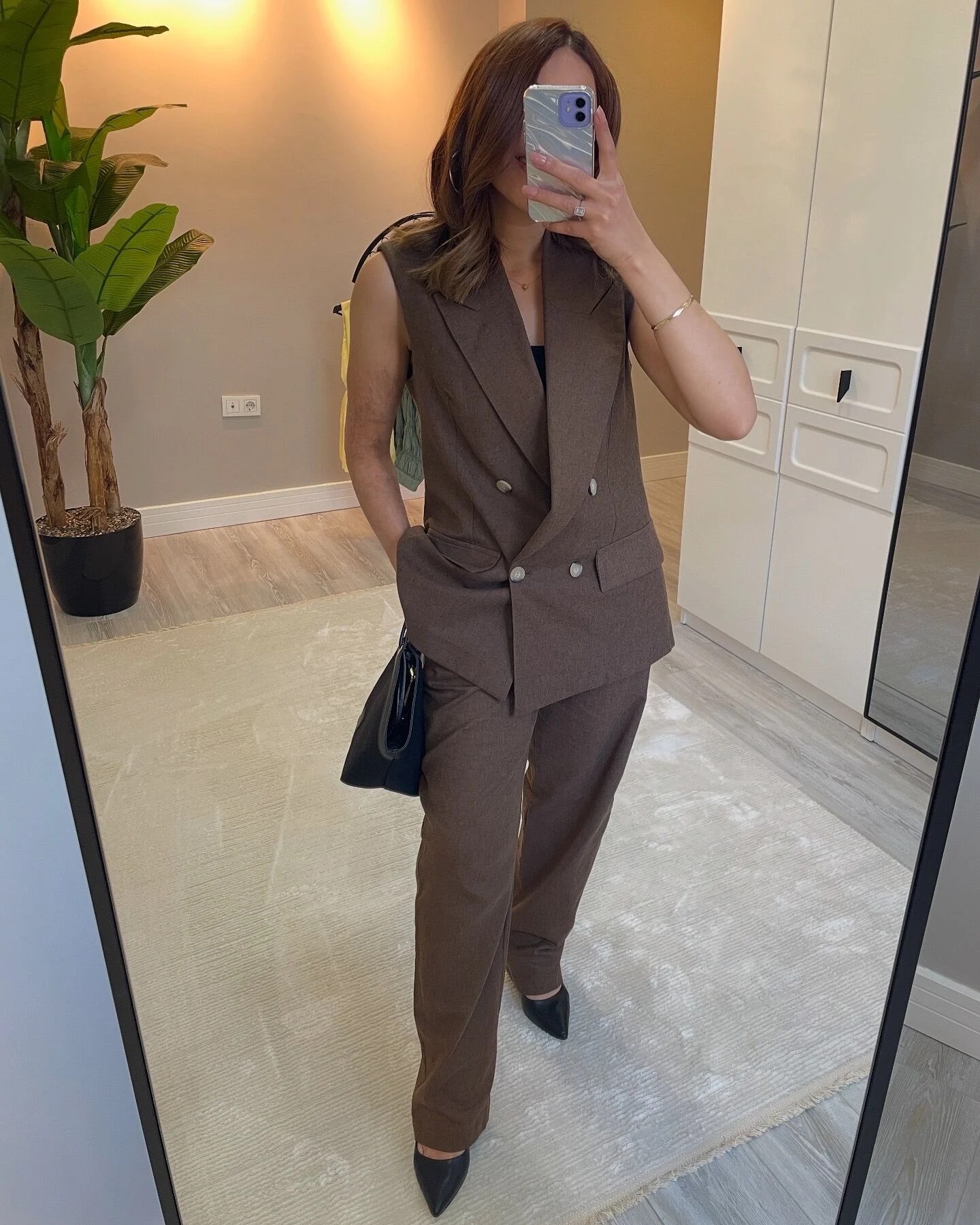Çift Düğmeli Oversize Kahverengi Ham Keten Takım