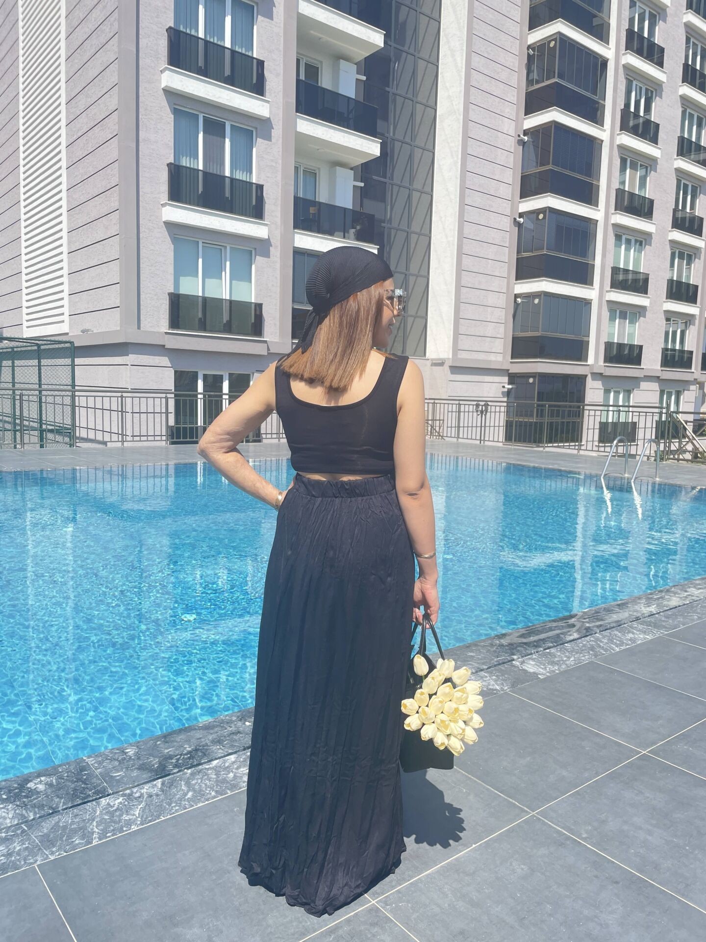 Yüksek Bel Siyah Kırışık Detaylı Yaz Eteği
