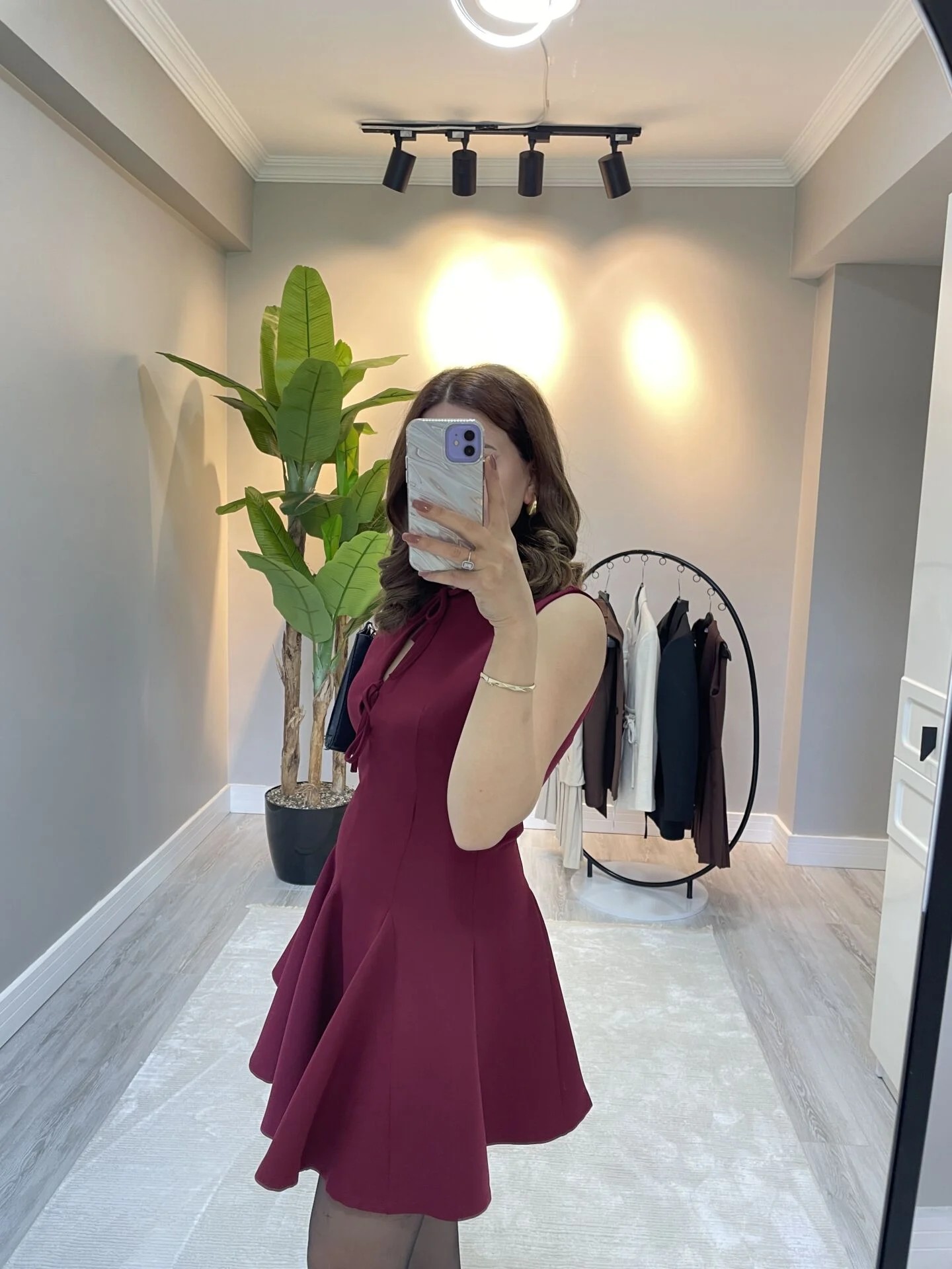 Bordo ZR Marka İp Detaylı Şık Mini Elbise